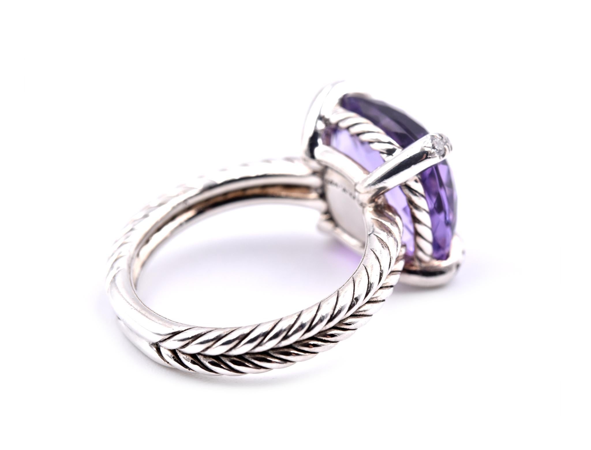 Women's or Men's David Yurman Sterling Silver Chatelaine Cable Amethyst and Diamond Ring