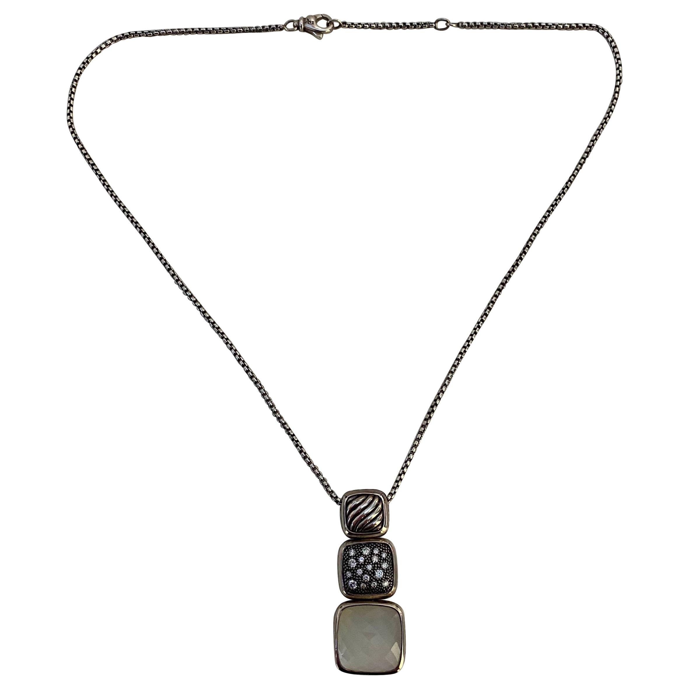 David Yurman Sterling Silver Chicklet Necklace with Diamond and MOP Pendants