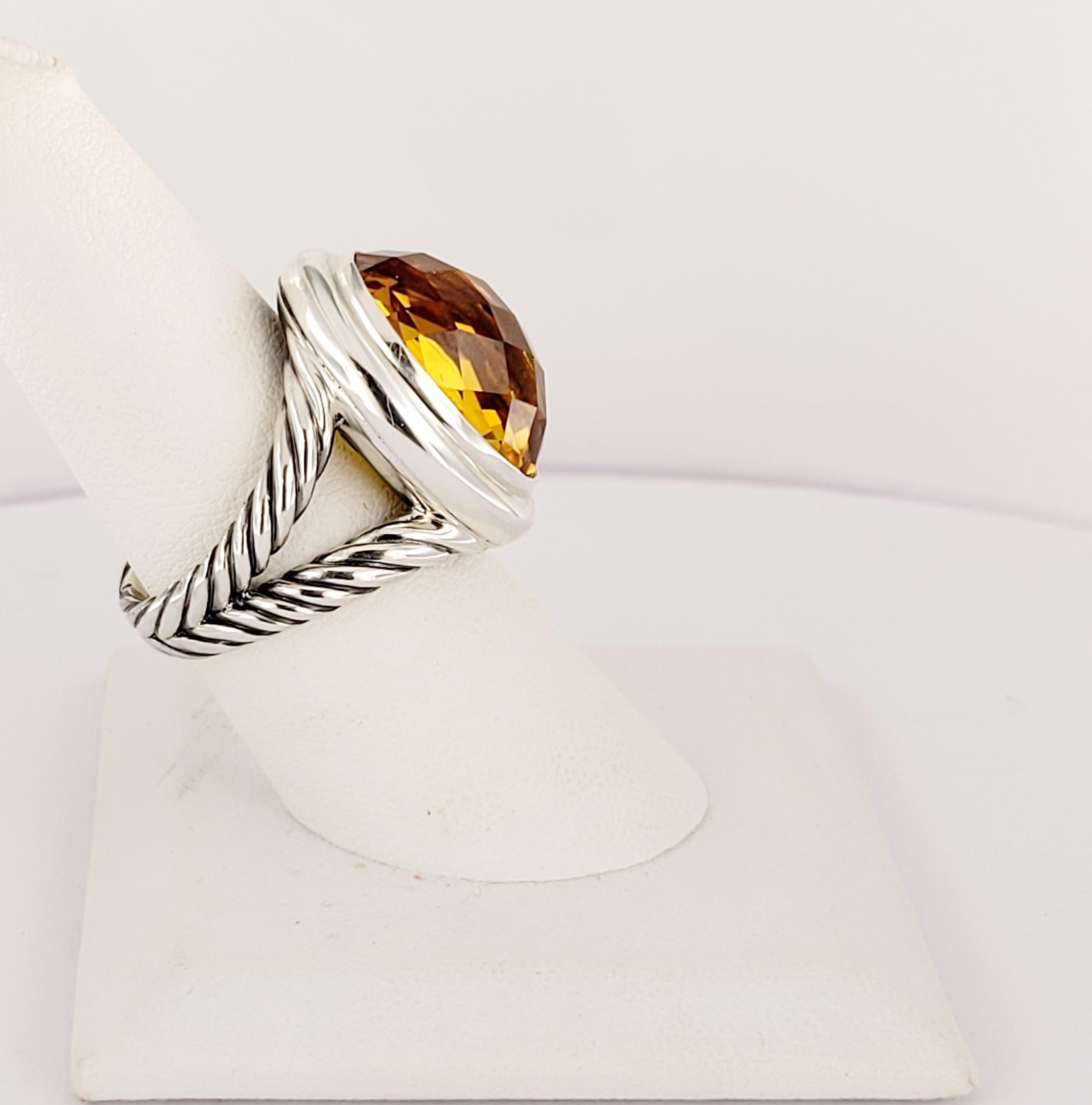 Brand David Yurman 
Citrine Oval Ring 
Ring Size 7.75
Material Sterling Silver 925
Citrine: 12x17mm
Ring Weight 13.2 gr 
Gender Women
Condition New, never worn 
Comes with David Yurman pouch