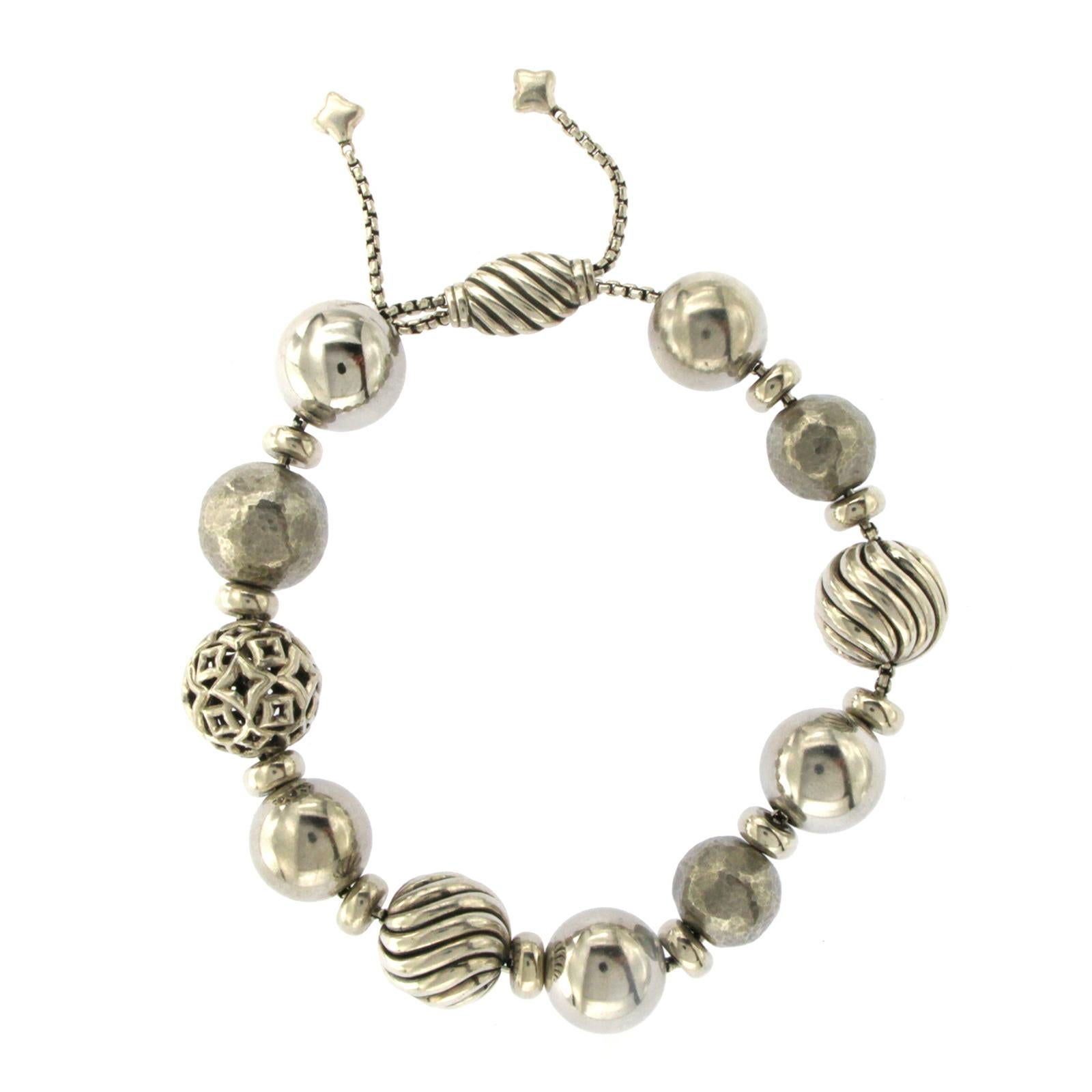 David Yurman Sterling Silver Classic Ball Beads Adjustable Bracelet In Good Condition In Los Angeles, CA