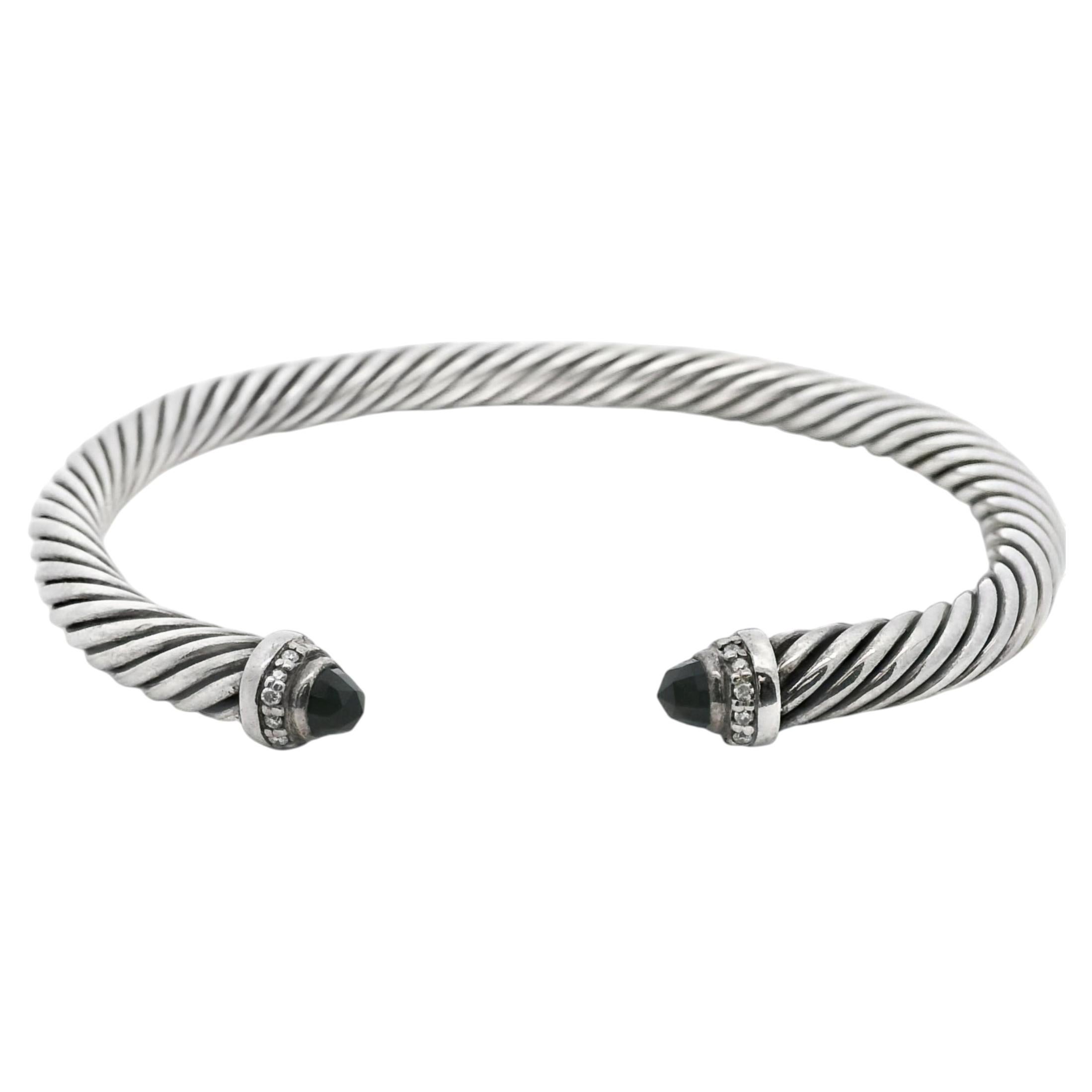 David Yurman Sterling Silber Klassisches Kabelarmband mit schwarzem Onyx und Diamanten im Angebot