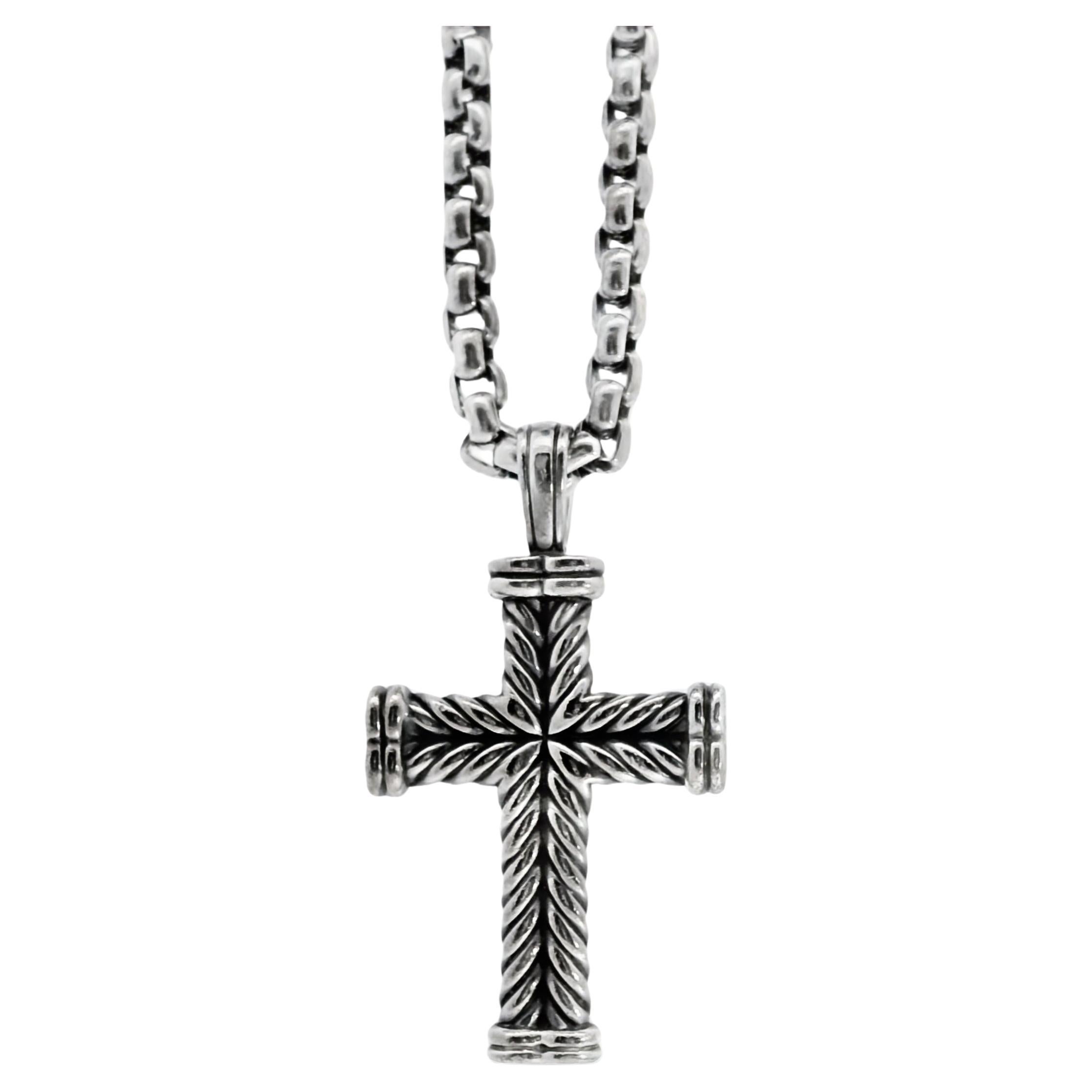 David Yurman Sterling Silver Cross Pendant on Rolo Chain For Sale