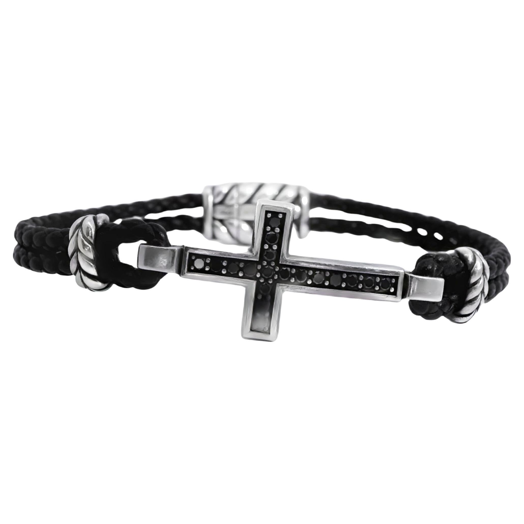 David Yurman Sterling Silver Cross Station Leather Bracelet
