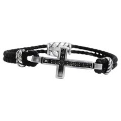 David Yurman Sterling Silver Cross Station Leather Bracelet