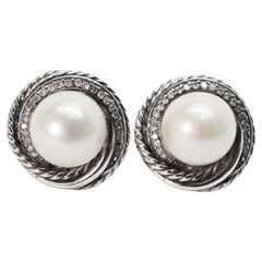 David Yurman Sterling Silver Crossover Pearl Diamond Stud Earrings