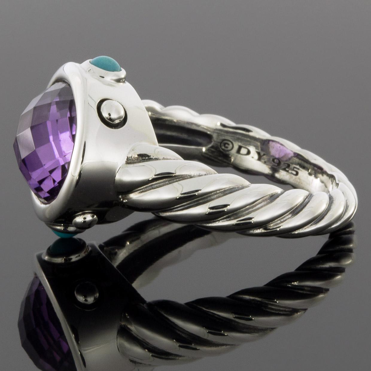 David Yurman Sterling Silver Cushion Cut Amethyst & Turquoise Unique Ladies Ring In Excellent Condition In Columbia, MO