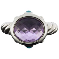 David Yurman Sterling Silver Cushion Cut Amethyst & Turquoise Unique Ladies Ring