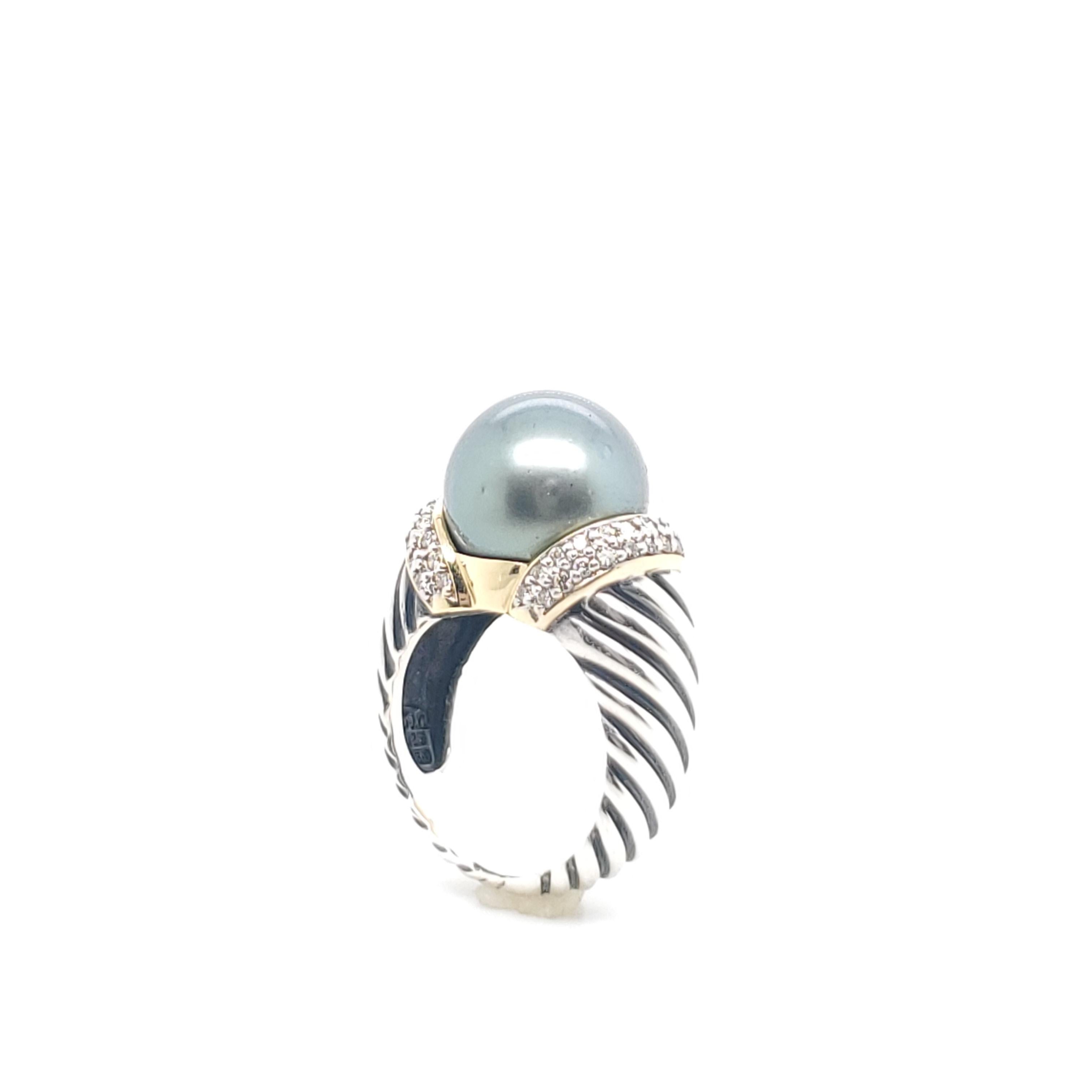 David Yurman Sterling Silver Diamond and Black Pearl Cable Ring In Excellent Condition In New York, NY