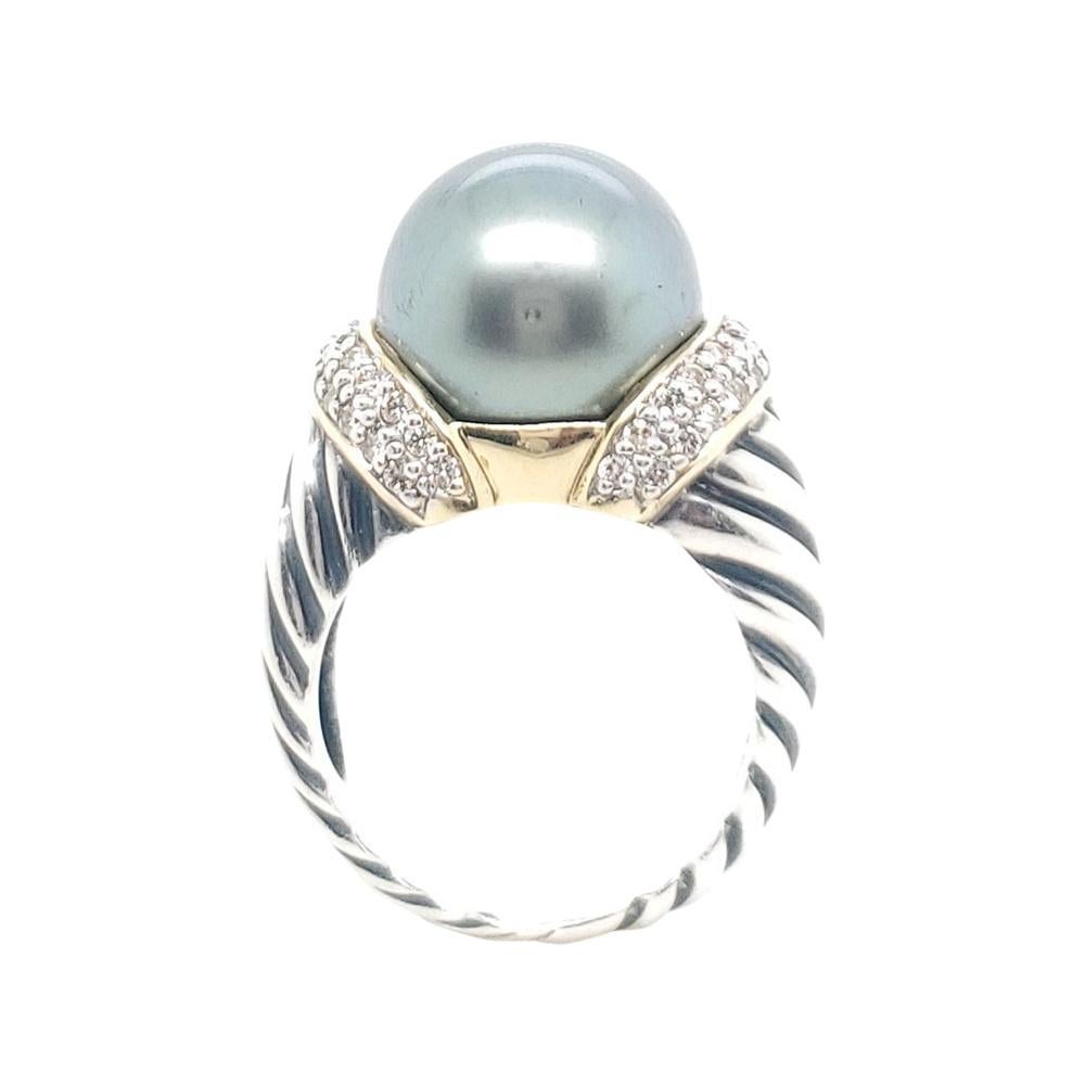 David Yurman Sterling Silver Diamond and Black Pearl Cable Ring