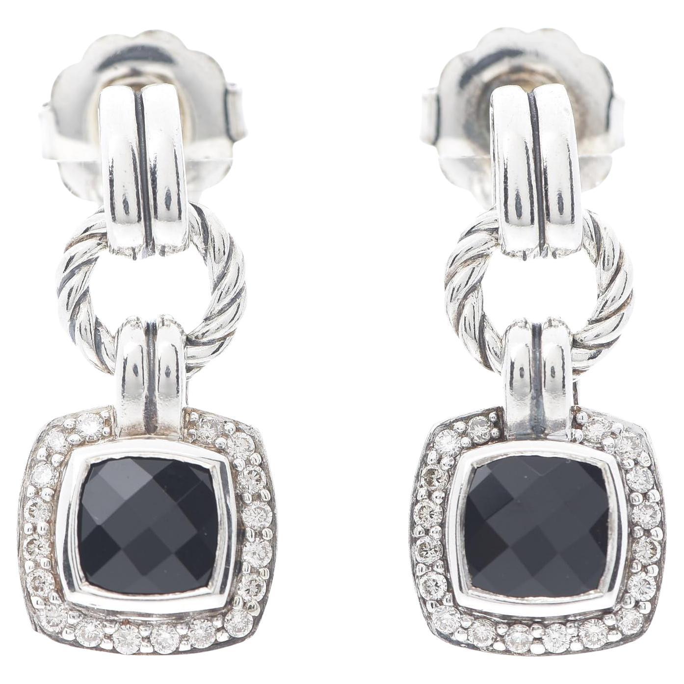 David Yurman Sterling Silver Diamond Black Onyx Drop Earrings