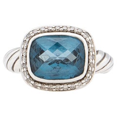 David Yurman Sterling Silver Diamond Blue Topaz Noblesse Ring - Size 5