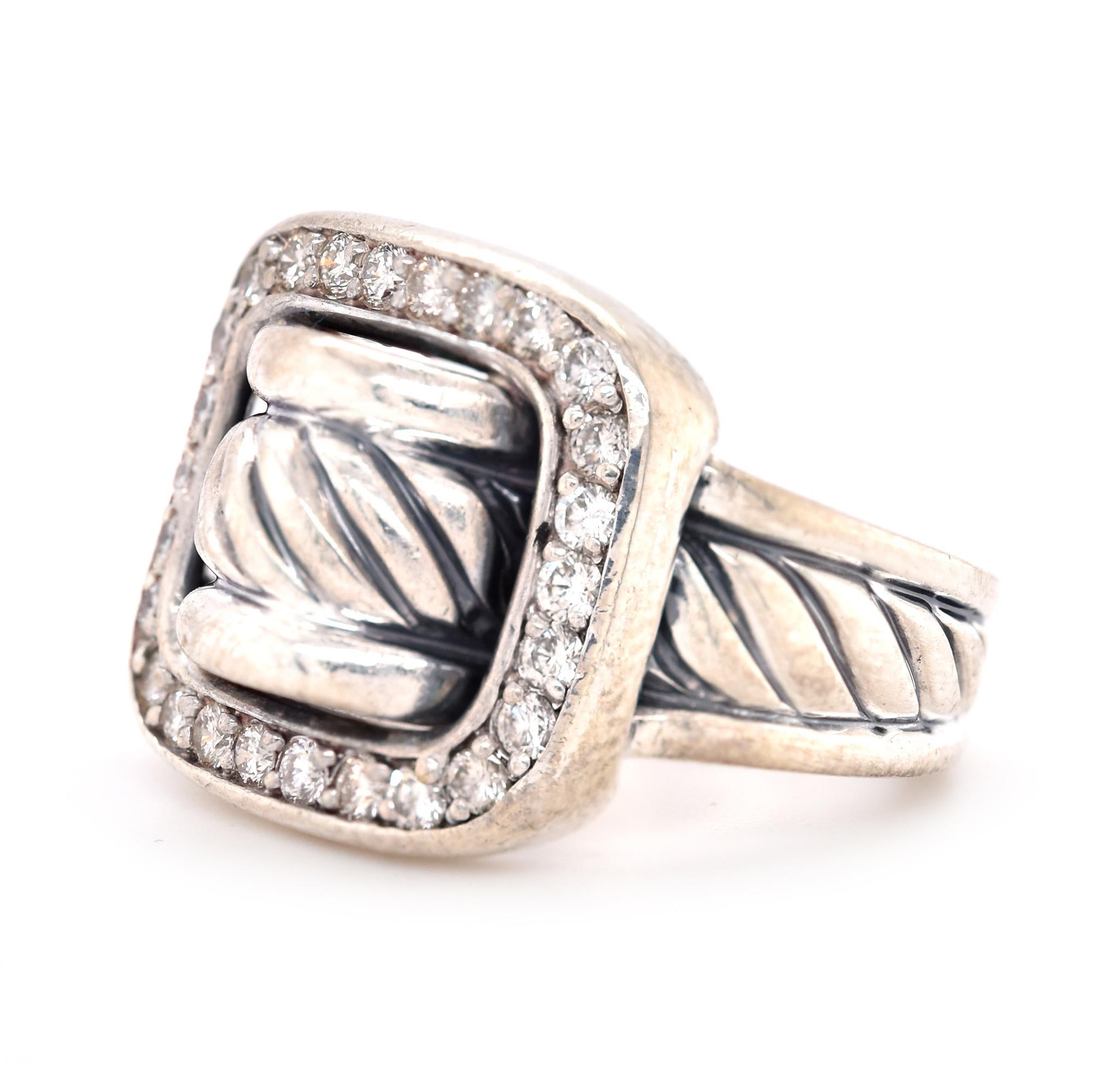 Designer: David Yurman
Material: sterling silver 
Diamond: 26 round cut = .65cttw
Color: G
Clarity: VS2
Weight: 12.28 grams
Measurement: ring top measures 16.8mm wide
Size: 7
