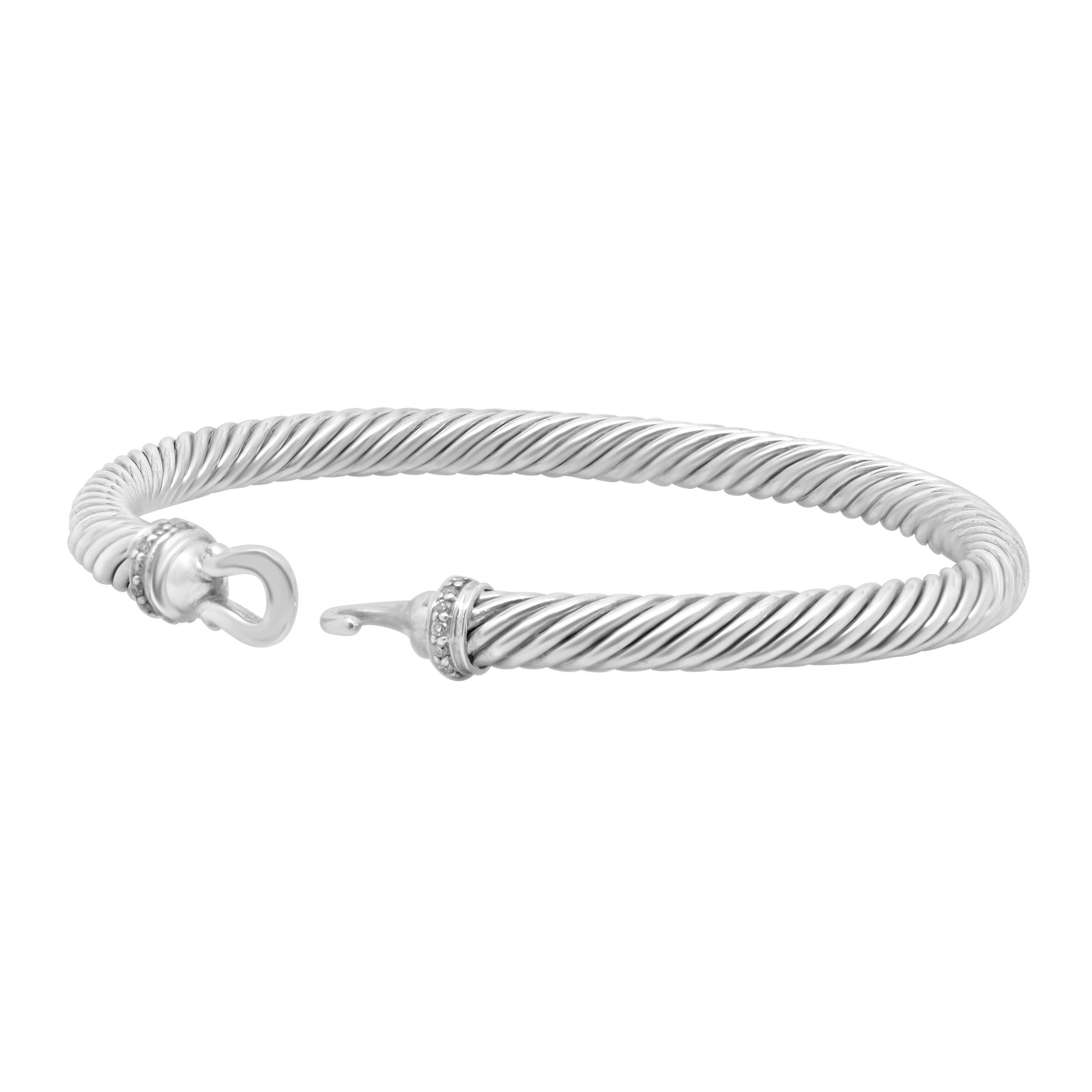 Round Cut David Yurman Sterling Silver Diamond Cable Cuff Bracelet