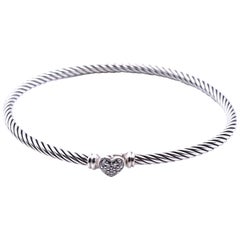 David Yurman Sterling Silver Diamond Heart Cable Bangle Bracelet