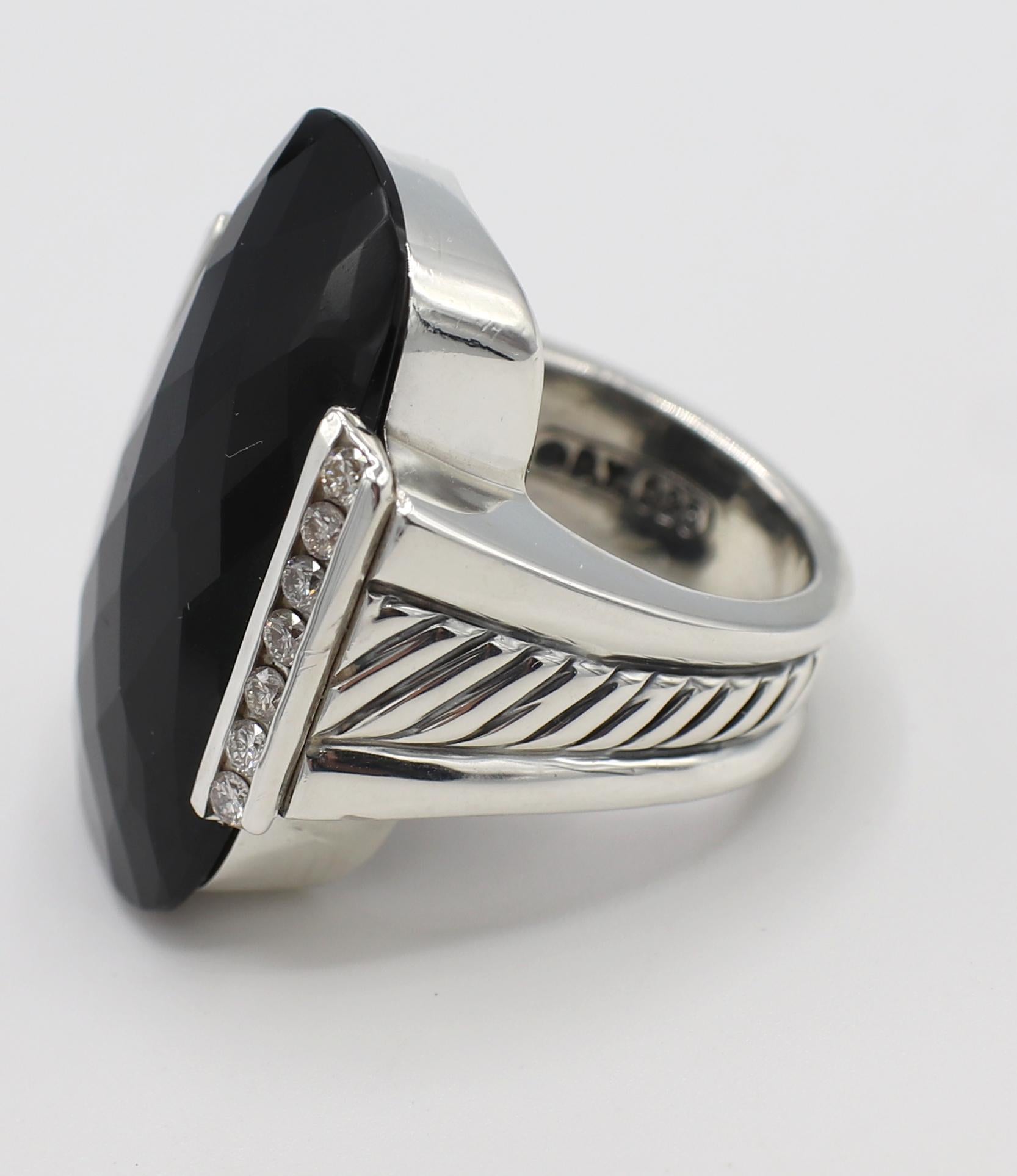 David Yurman Sterling Silver & Diamond Onyx Cocktail Ring 
Metal: Sterling silver
Weight: 16.81 grams
Top: 30 x 20.5mm 
Diamonds: Approx. .42 CTW G-H VS round diamonds
Size: 6 (US)
