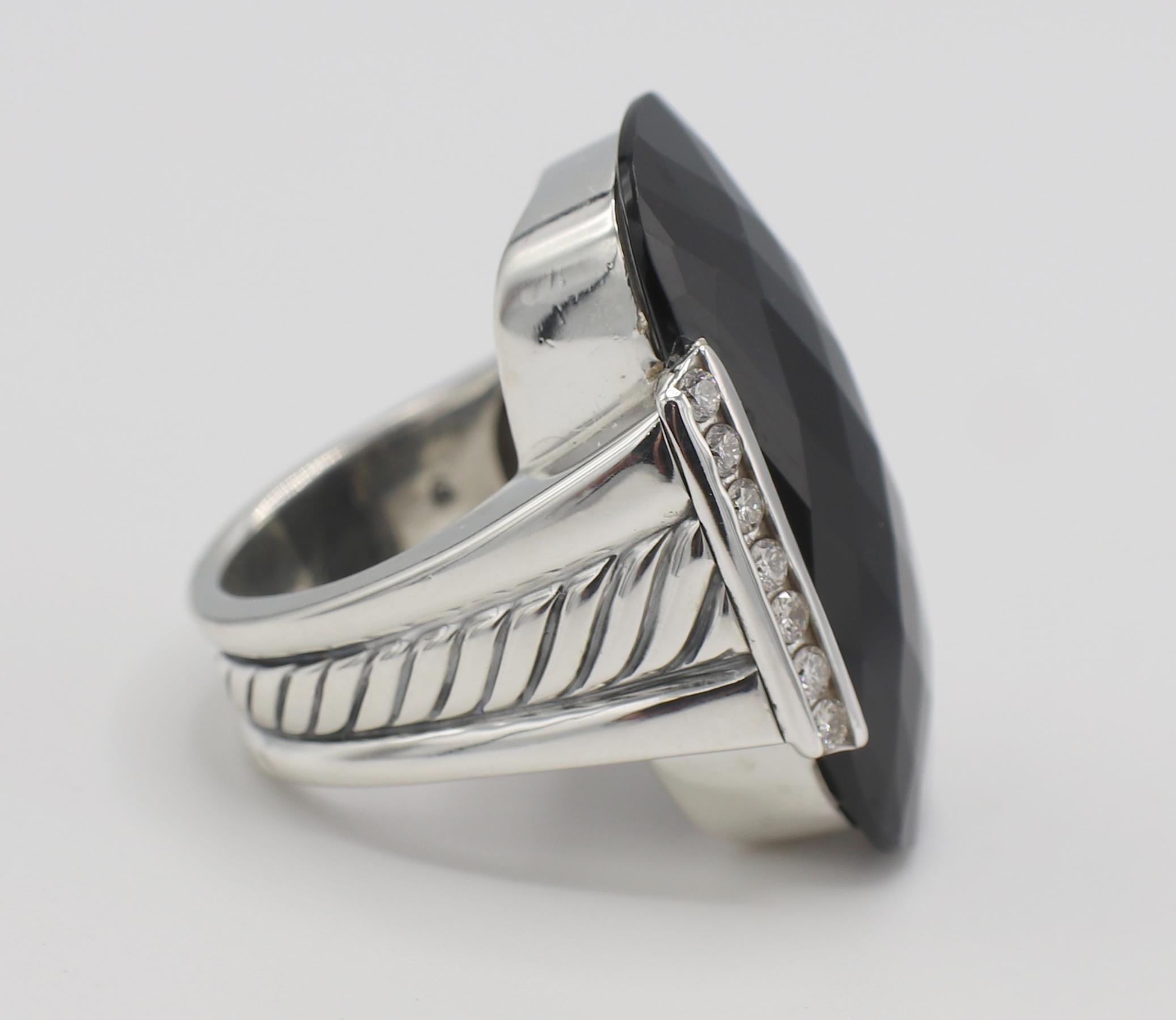 Modern David Yurman Sterling Silver & Diamond Onyx Cocktail Ring 
