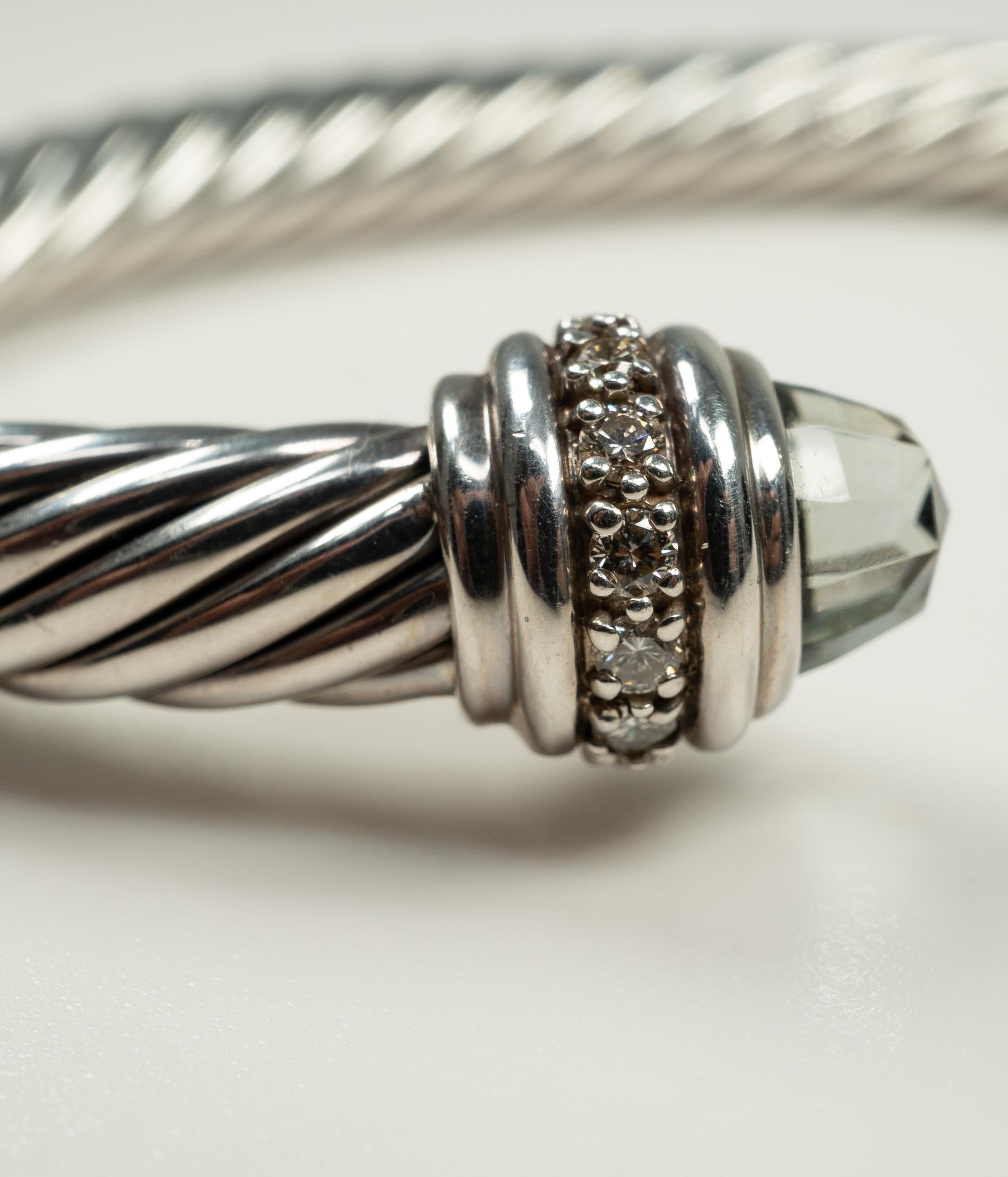 Round Cut David Yurman Sterling Silver Diamond Prasiolite Cable Bracelet