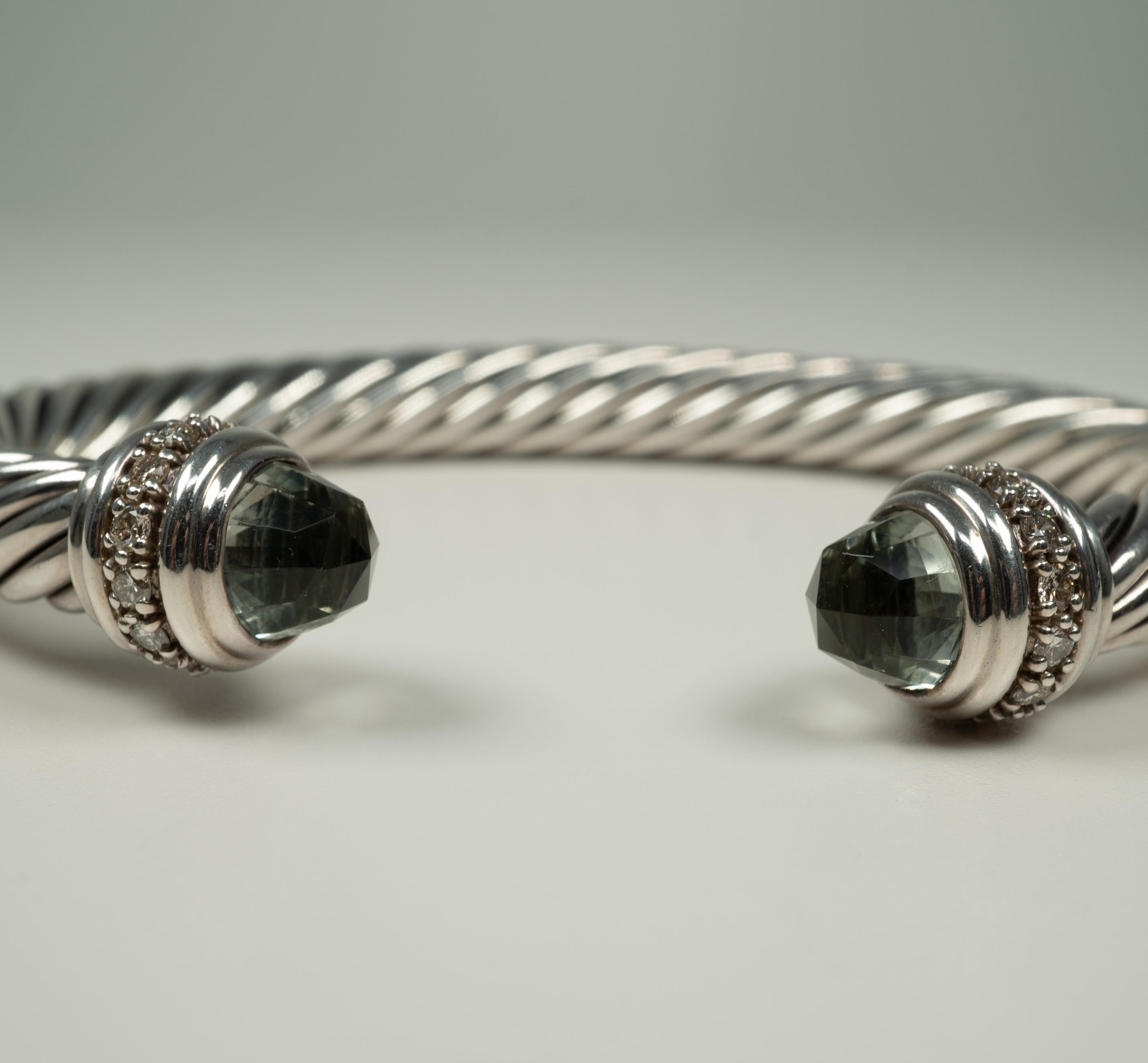 David Yurman Sterling Silver Diamond Prasiolite Cable Bracelet 1