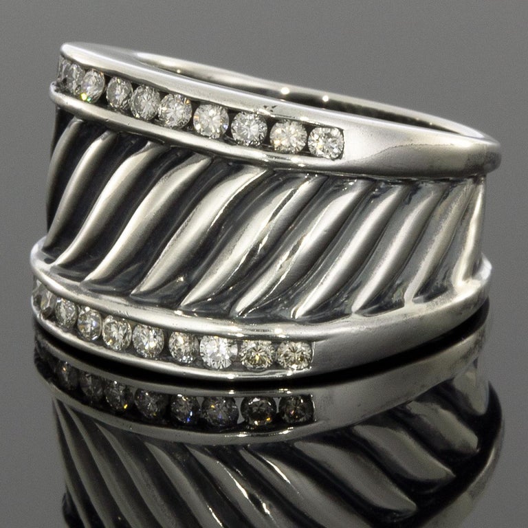 David Yurman Sterling Silver Diamond Thoroughbred Cigar Band Ring For Sale at 1stdibs