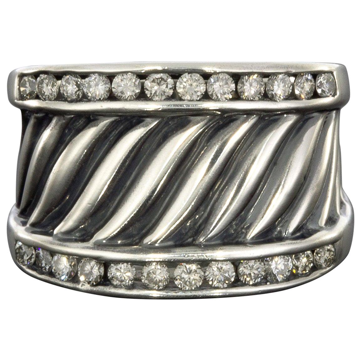 David Yurman Sterling Silver Diamond Thoroughbred Cigar Band Ring