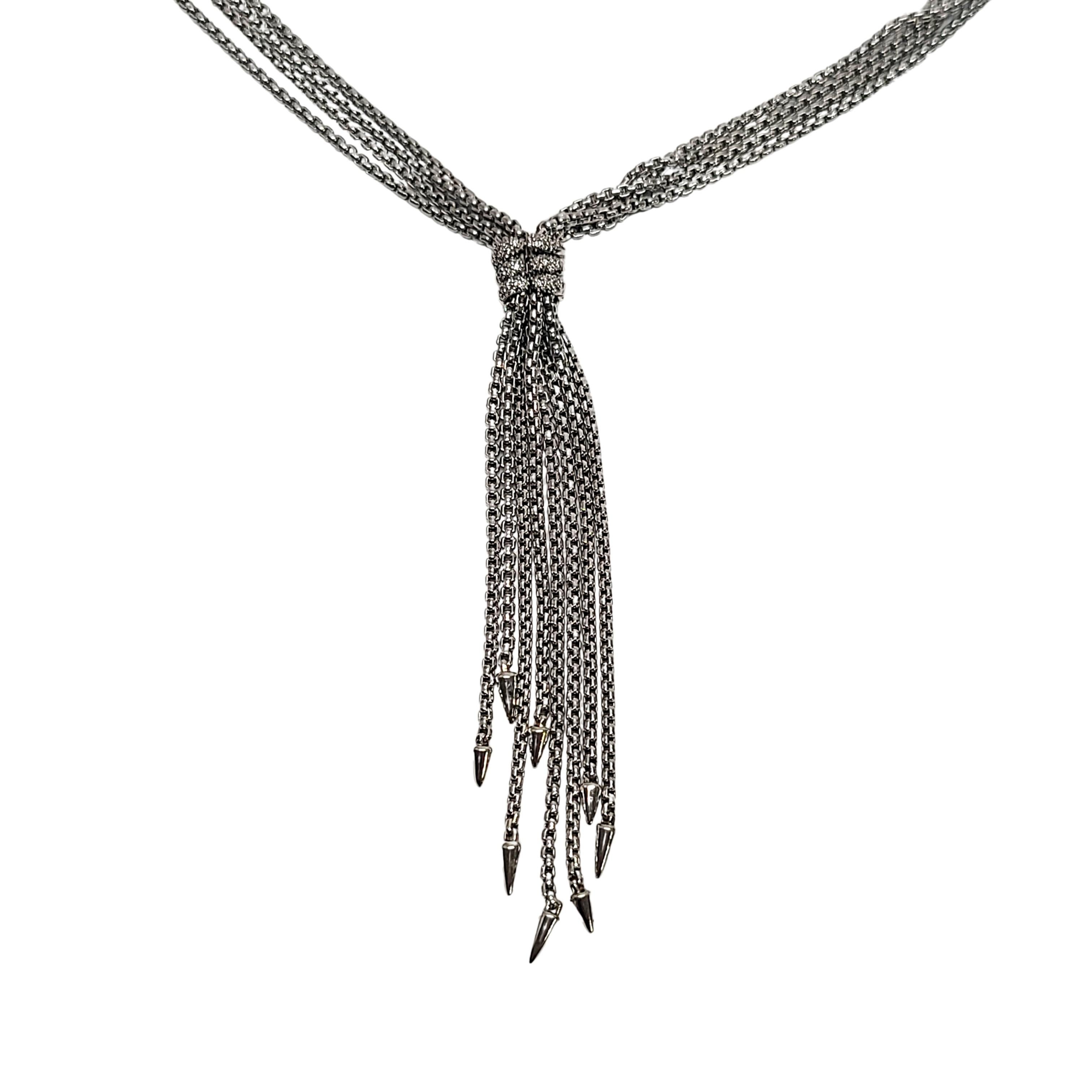 Sterling silver Diamond Willow Drop tassel necklace by David Yurman

This beautiful sterling silver and diamond necklace is by David Yurman, it features 4 strands of box chains, with a tassel design hanging from 3 rows of pave diamonds on one side,