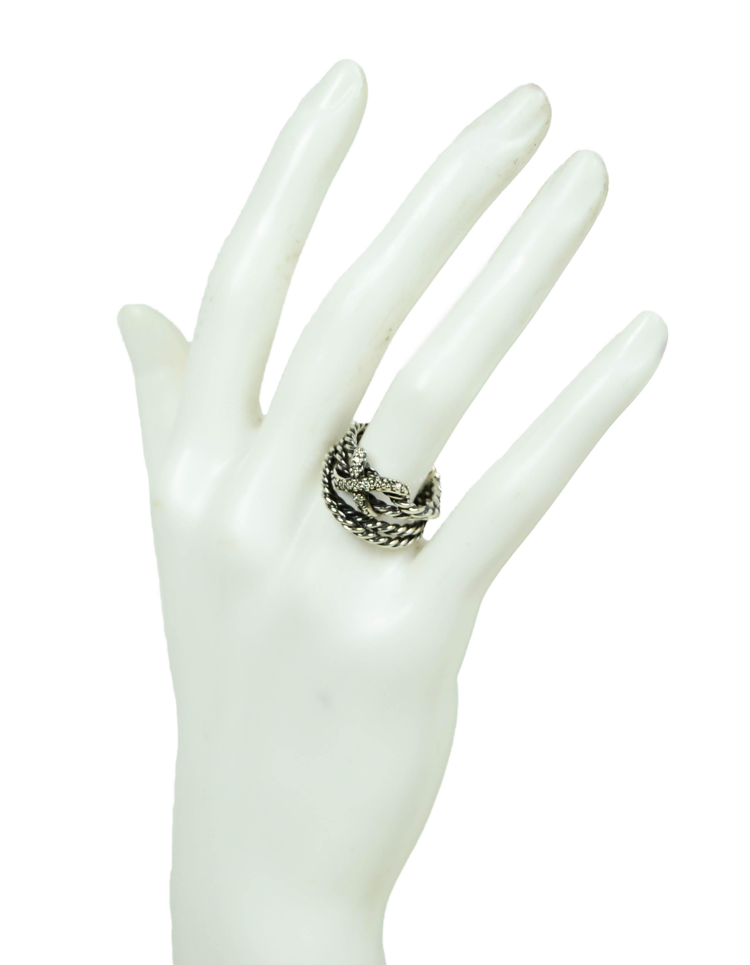 David Yurman Sterling silver & Diamond X Crossover Cable Ring sz 6

Materials: Sterling silver and diamonds
Hallmarks: DY 925
Closure/Opening: Slip on with open back
Overall Condition: Excellent pre-owned condition
Includes: David Yurman dust bag