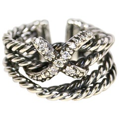David Yurman Sterling silver & Diamond X Crossover Cable Ring sz 6