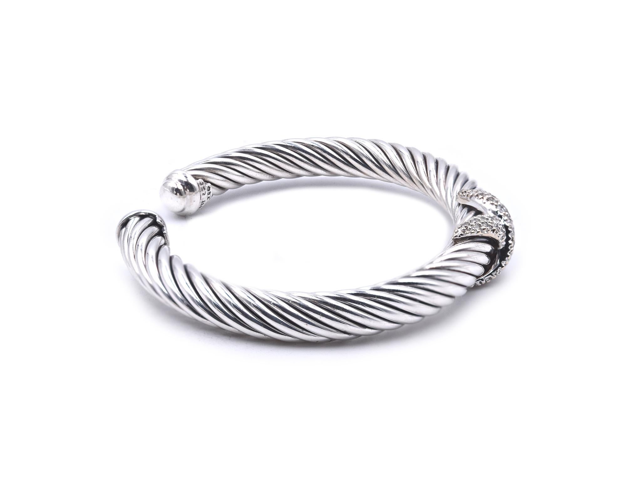 Designer: David Yurman
Material: sterling silver 
Diamond: 46 round cut = .50cttw
Color: G
Clarity: VS
Weight: 44.39 grams
Measurement: cuff will fit up to a 7-inch wrist
