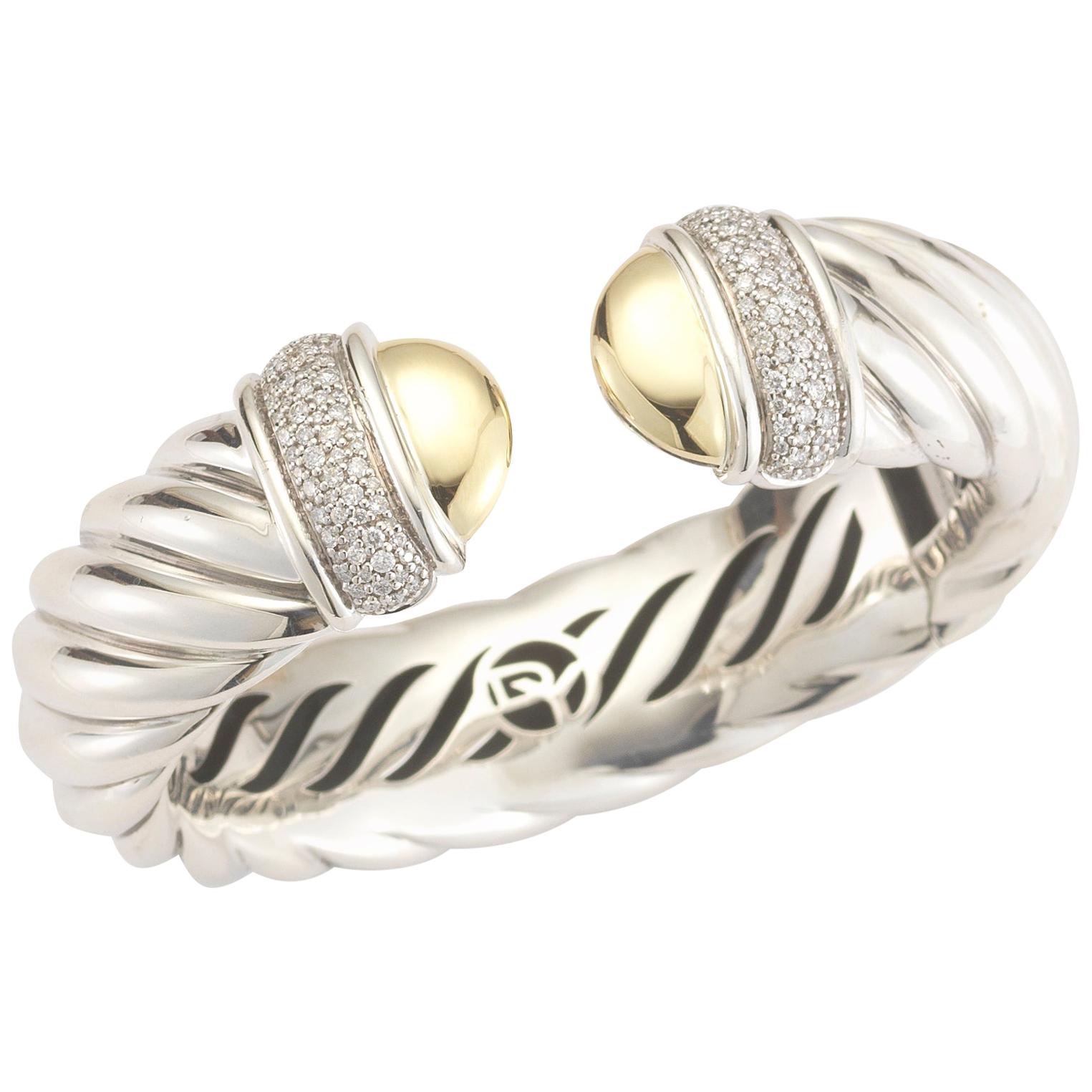 David Yurman Sterling Silver, Gold and Diamond Waverly Cable Bracelet 