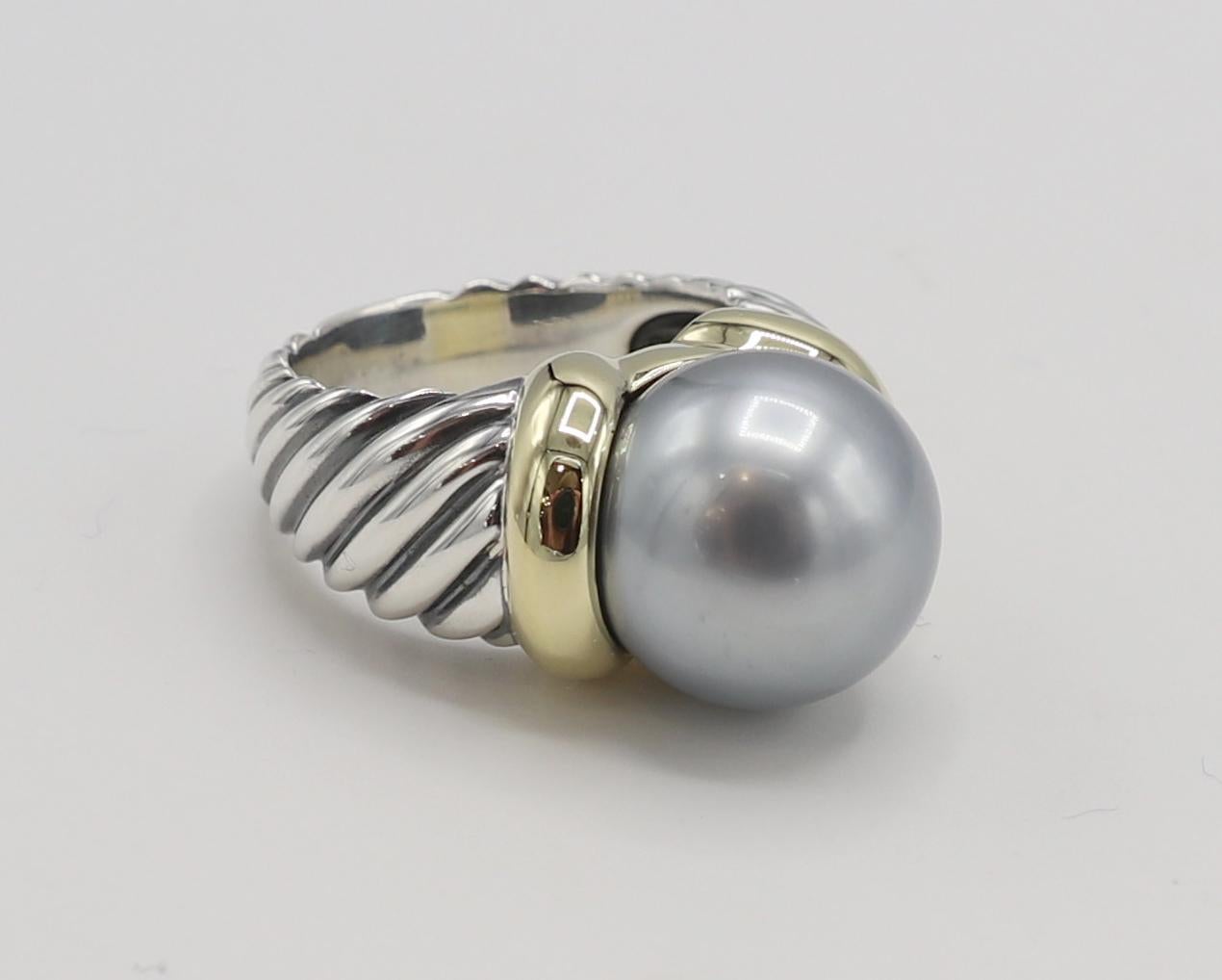 David Yurman Sterling Silver & Gold Black Pearl Cable Ring 
Metal: Sterling silver & 18k yellow gold
Size: 6.75 (US)
Pearl: 13.5mm
Weight: 16.43 grams

