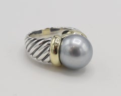 David Yurman Sterling Silver & Gold Black Pearl Cable Ring