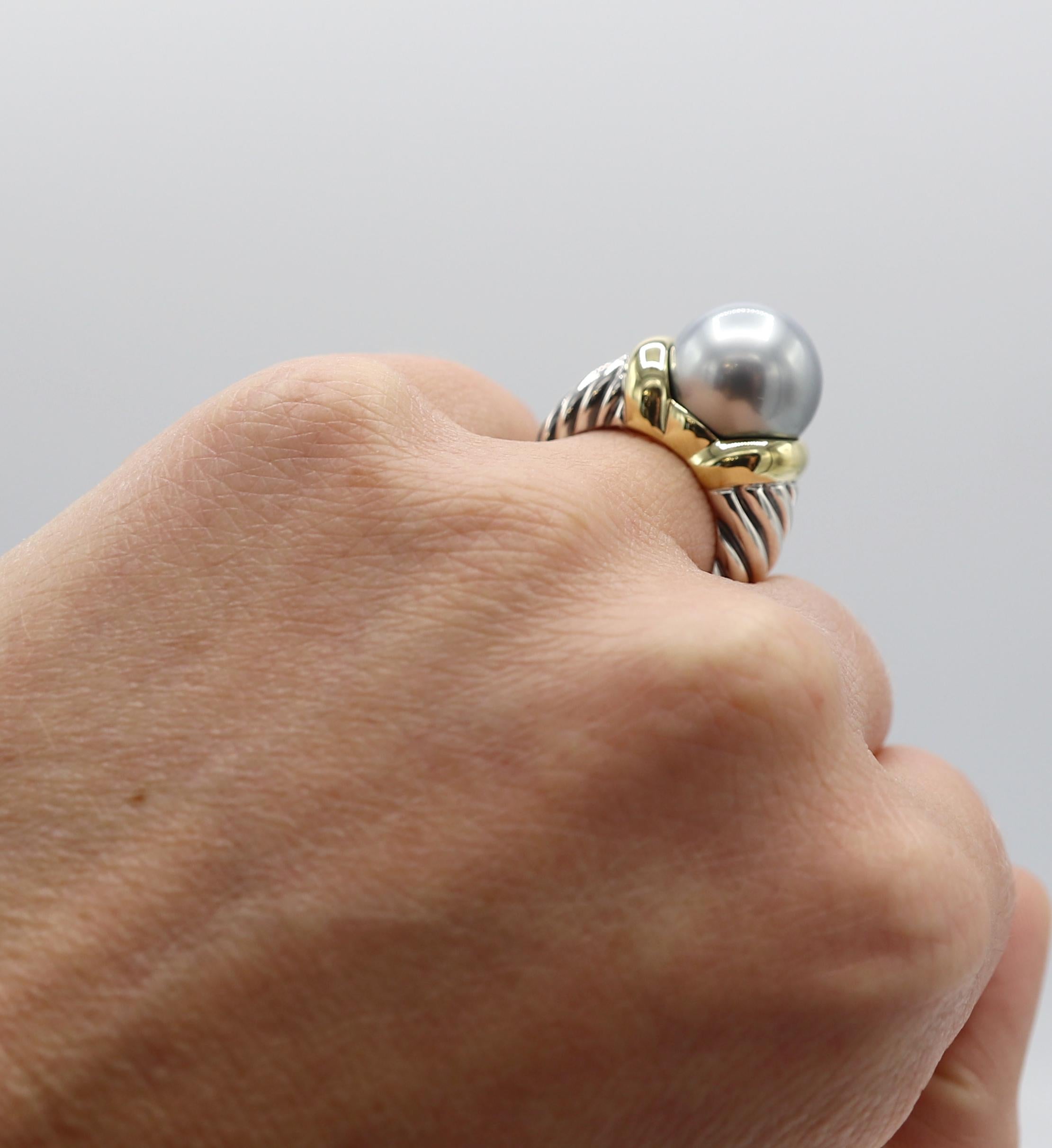 Round Cut David Yurman Sterling Silver & Gold Black Pearl Cable Ring