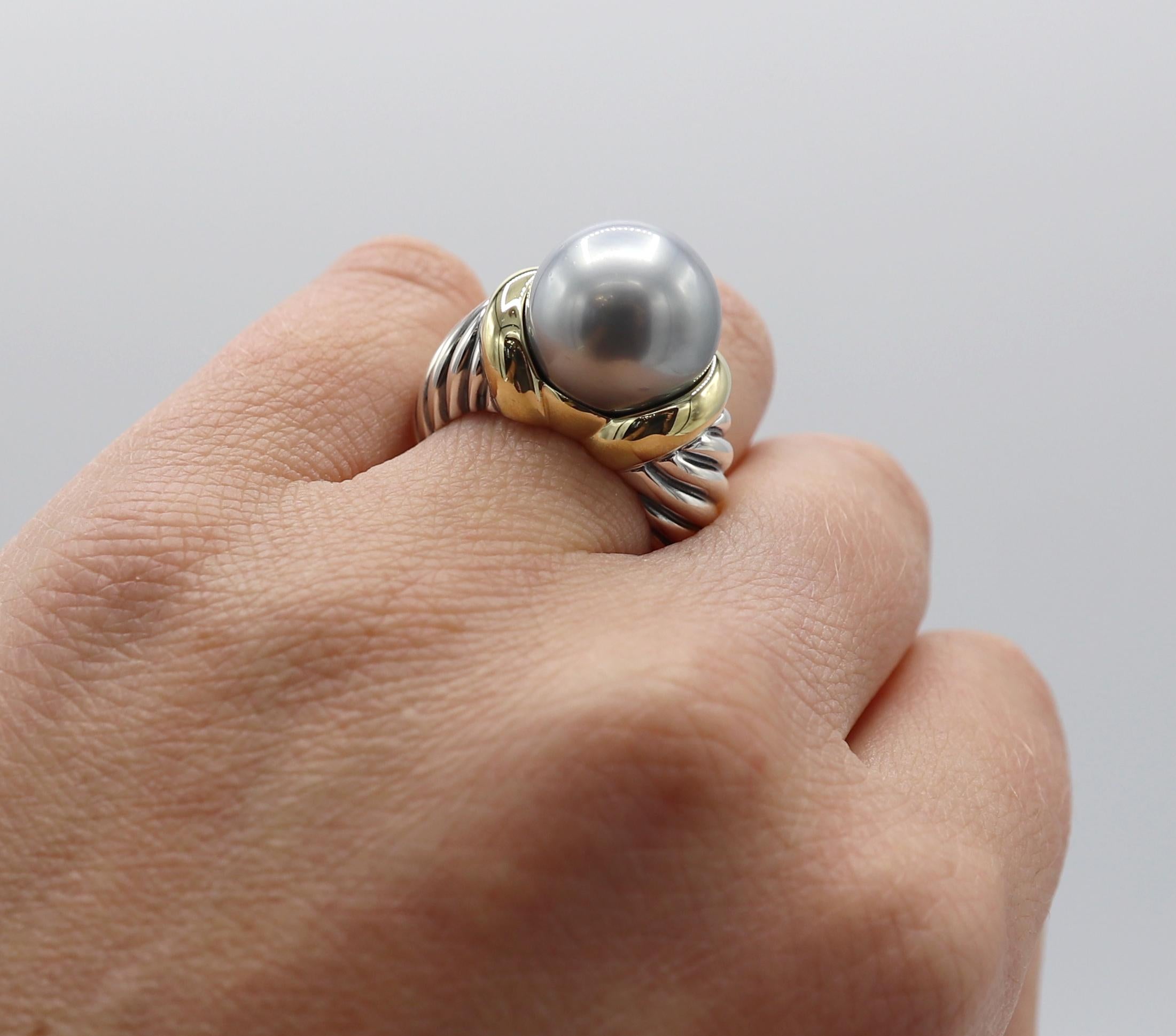 David Yurman Sterling Silver & Gold Black Pearl Cable Ring In Excellent Condition In  Baltimore, MD