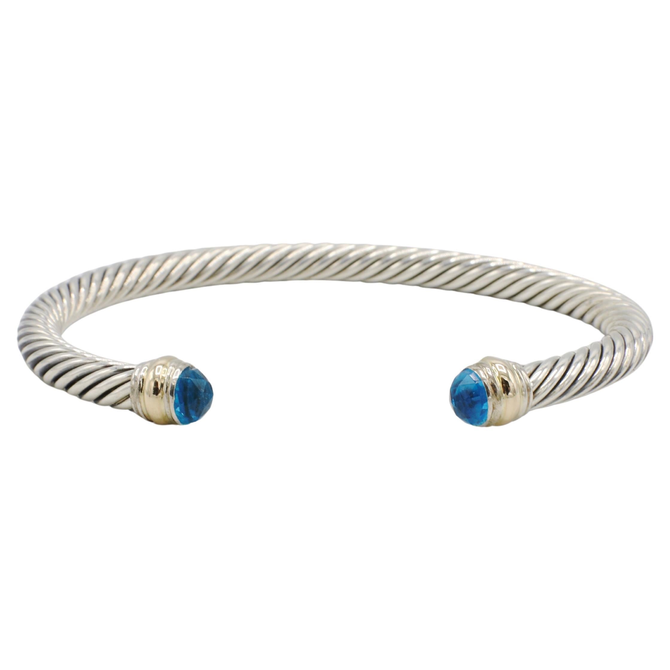 David Yurman Sterling Silber & Gold Kabel klassischen blauen Topas Armreif 5MM