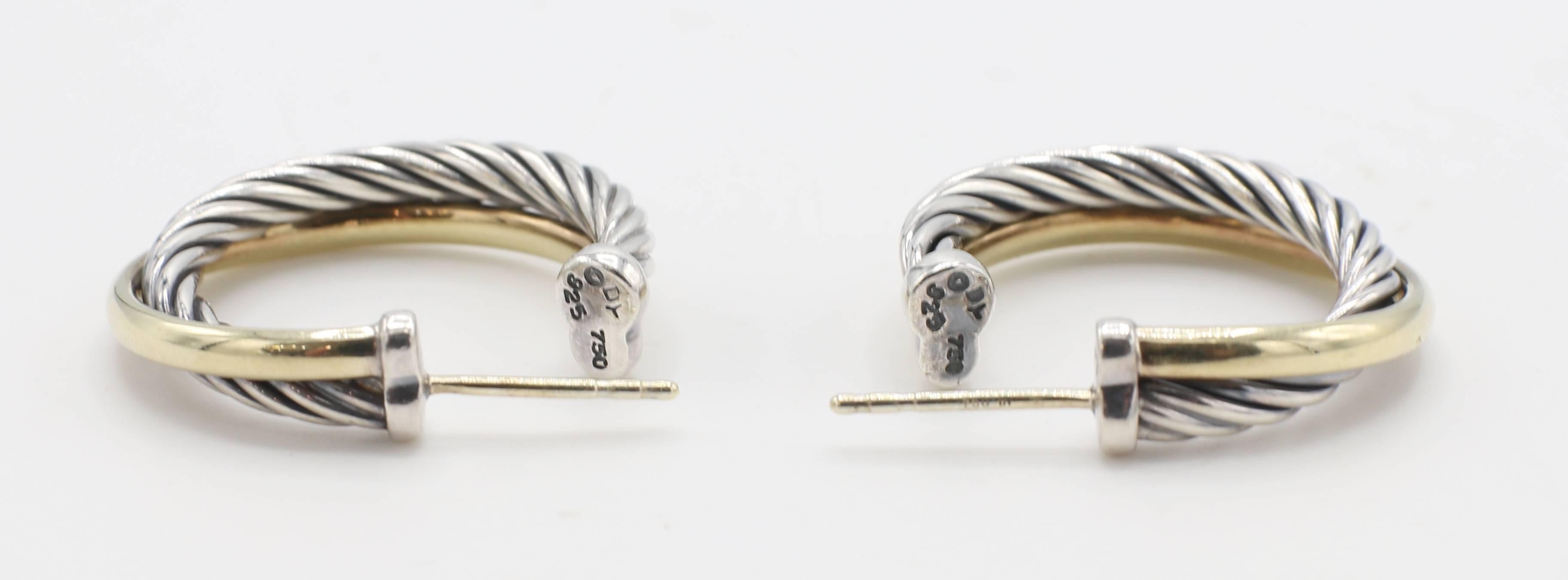 Modern David Yurman Sterling Silver & Gold Cable Crossover Hoop Earrings