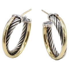 David Yurman Sterling Silver & Gold Cable Crossover Hoop Earrings
