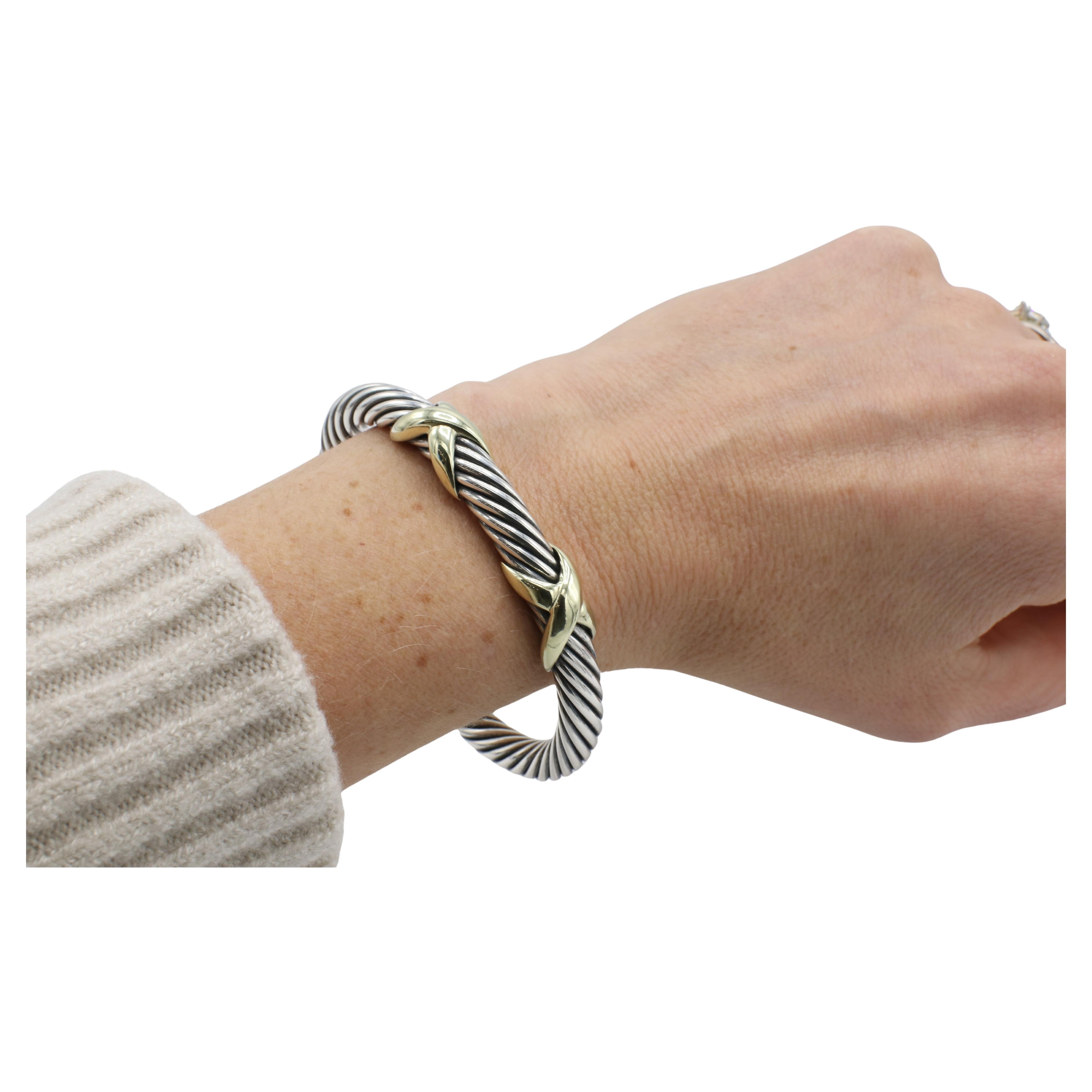 Modern David Yurman Sterling Silver & Gold Cable Double X Bangle Cuff Bracelet 7MM