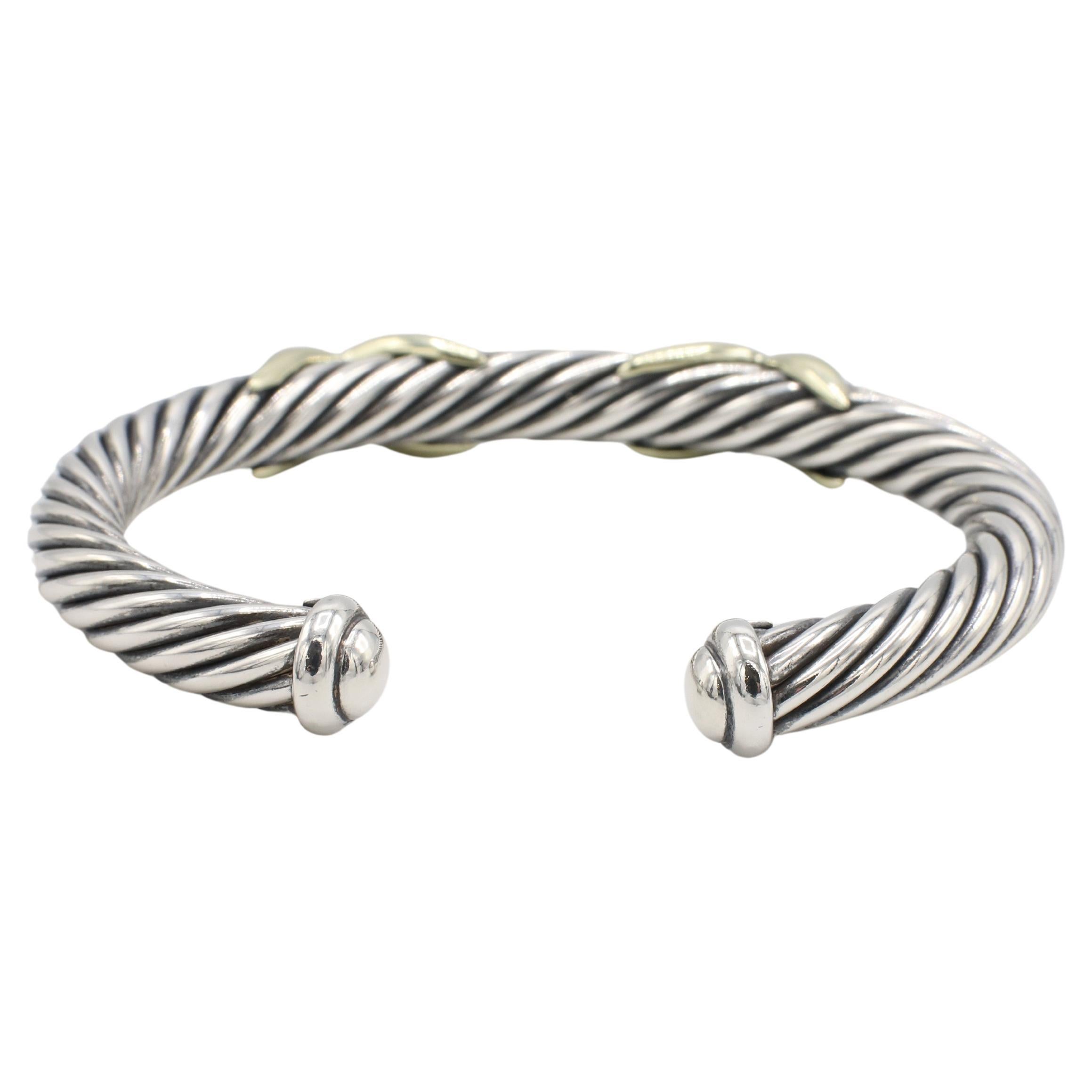 David Yurman Sterling Silver & Gold Cable Double X Bangle Cuff Bracelet 7MM In Excellent Condition In  Baltimore, MD