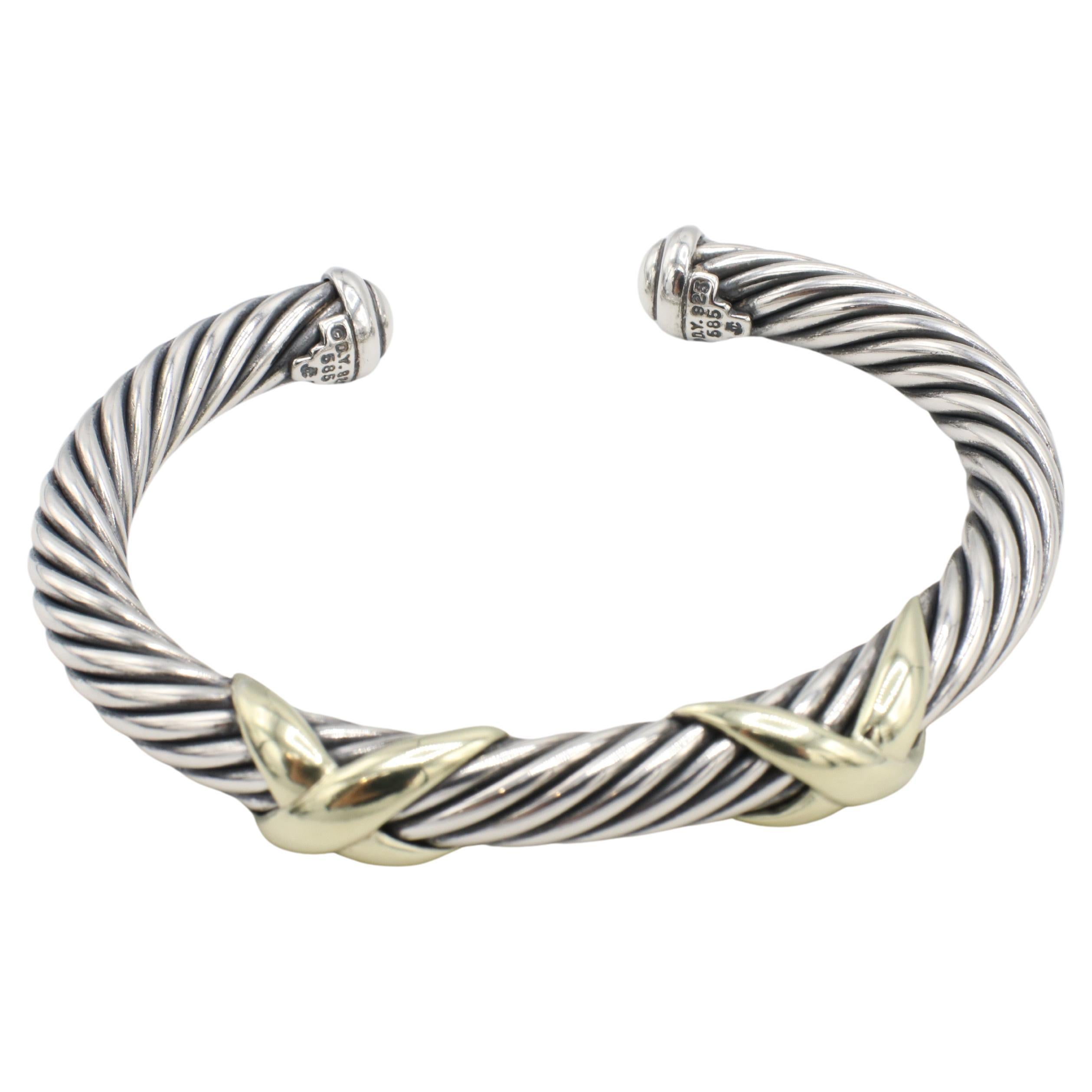 Women's David Yurman Sterling Silver & Gold Cable Double X Bangle Cuff Bracelet 7MM