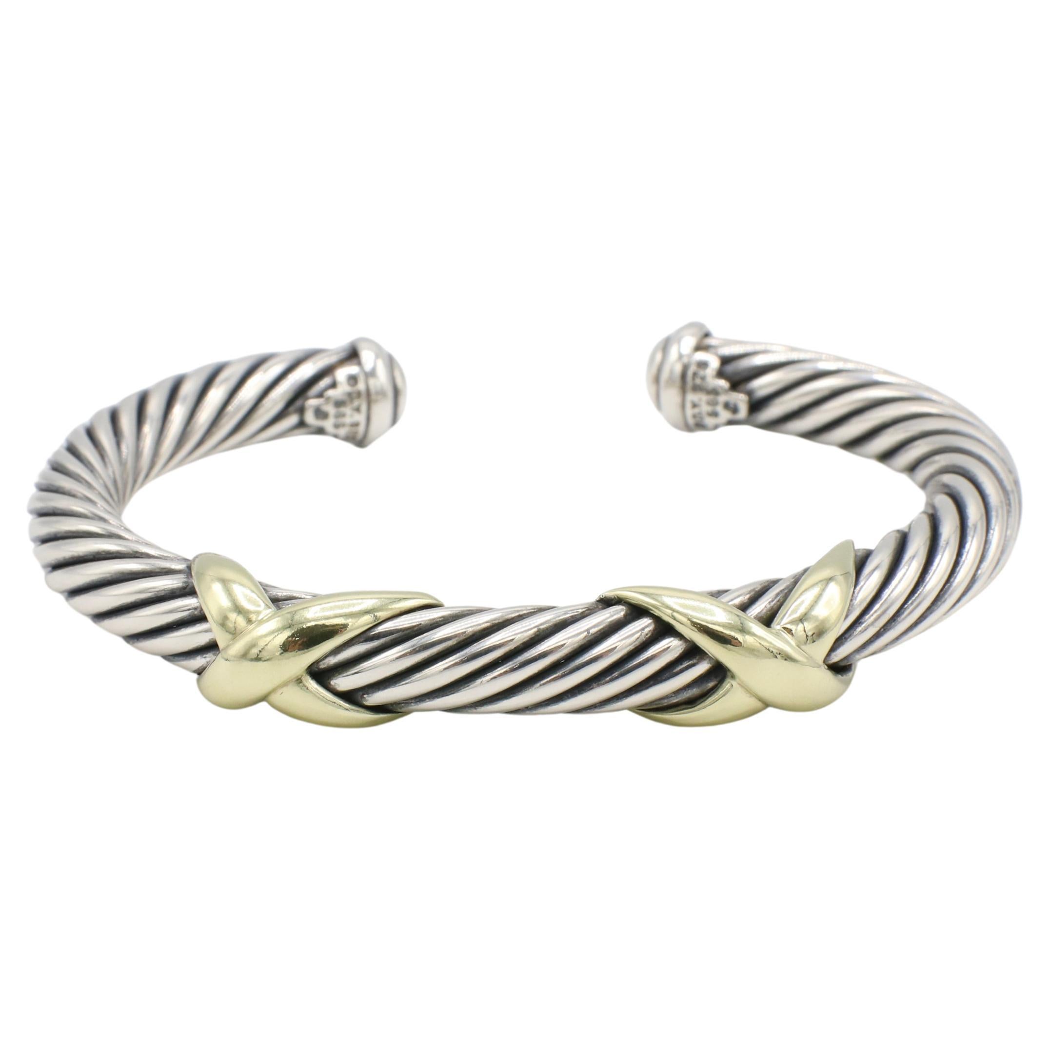 David Yurman Sterling Silver & Gold Cable Double X Bangle Cuff Bracelet 7MM