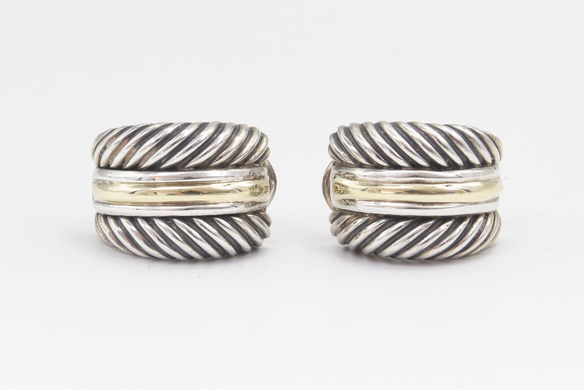 Women's or Men's David Yurman Sterling Silver Gold Cable Hoop Earrings For Sale