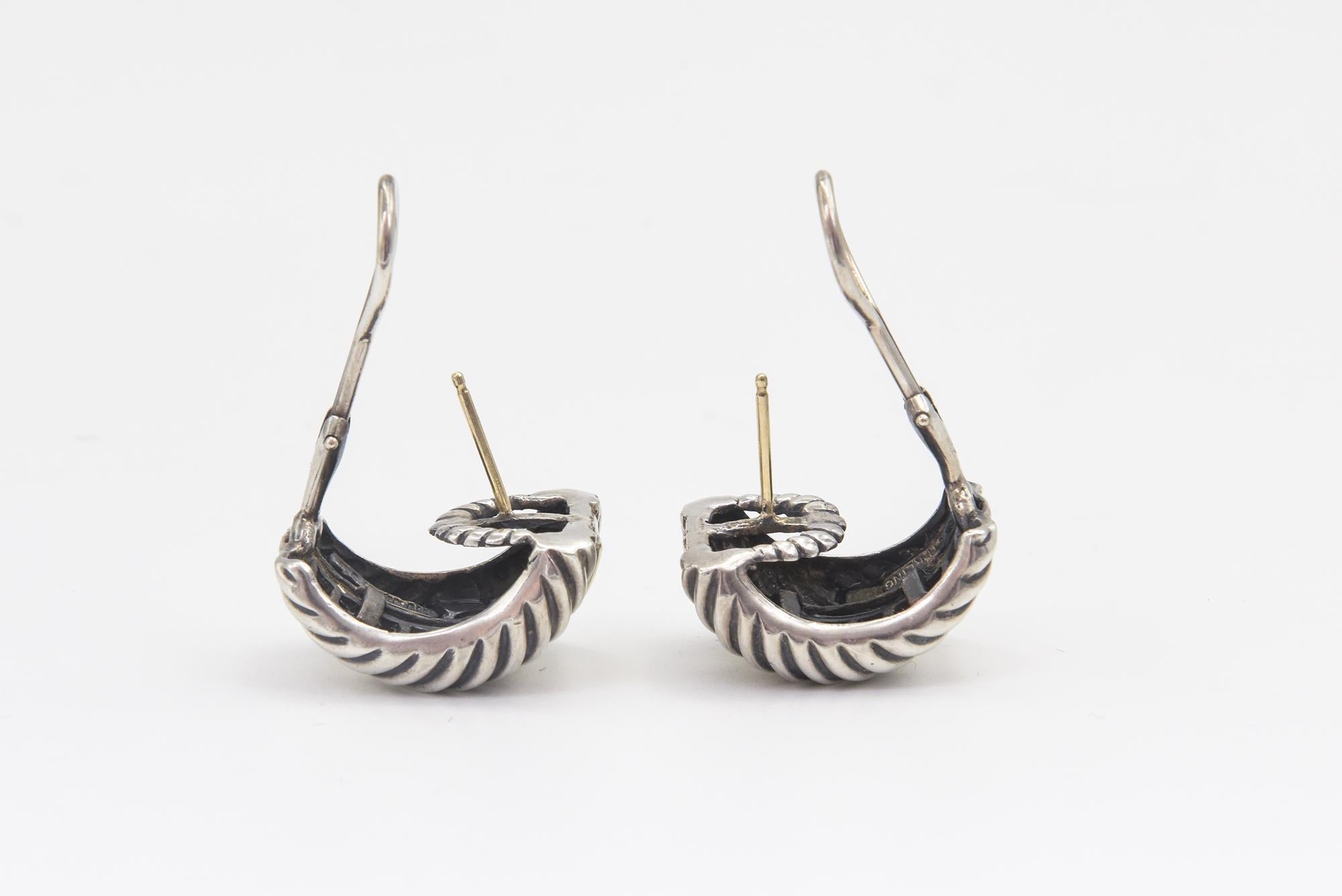 David Yurman Sterling Silver Gold Cable Hoop Earrings For Sale 2