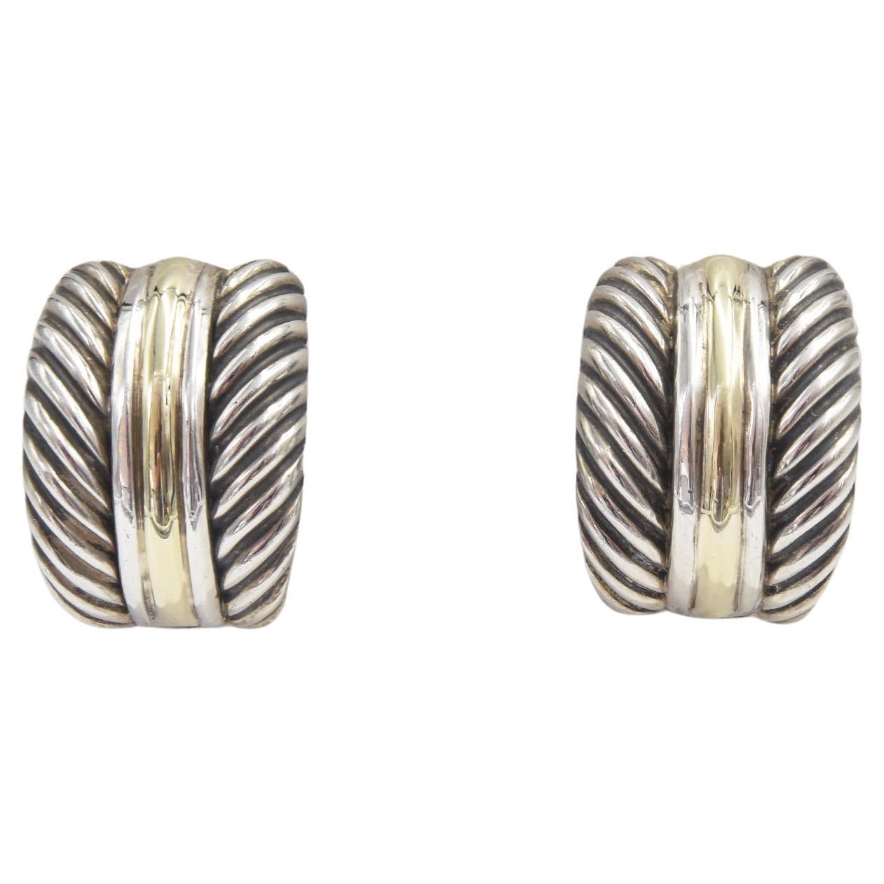 David Yurman Sterling Silver Gold Cable Hoop Earrings For Sale