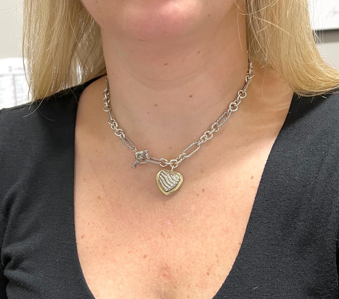 David Yurman Sterling Silver & Gold Cable Link Heart Charm Drop Necklace  In Excellent Condition In  Baltimore, MD