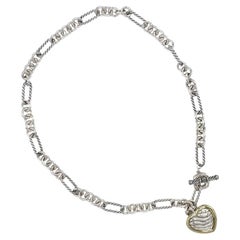 David Yurman Sterling Silver & Gold Cable Link Heart Charm Drop Necklace 