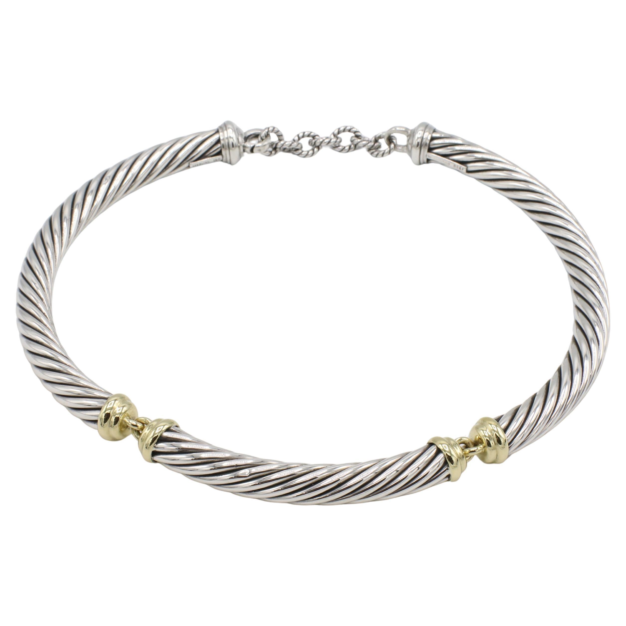 David Yurman Sterling Silver 
Gold Cable Station Choker Necklace For Sale