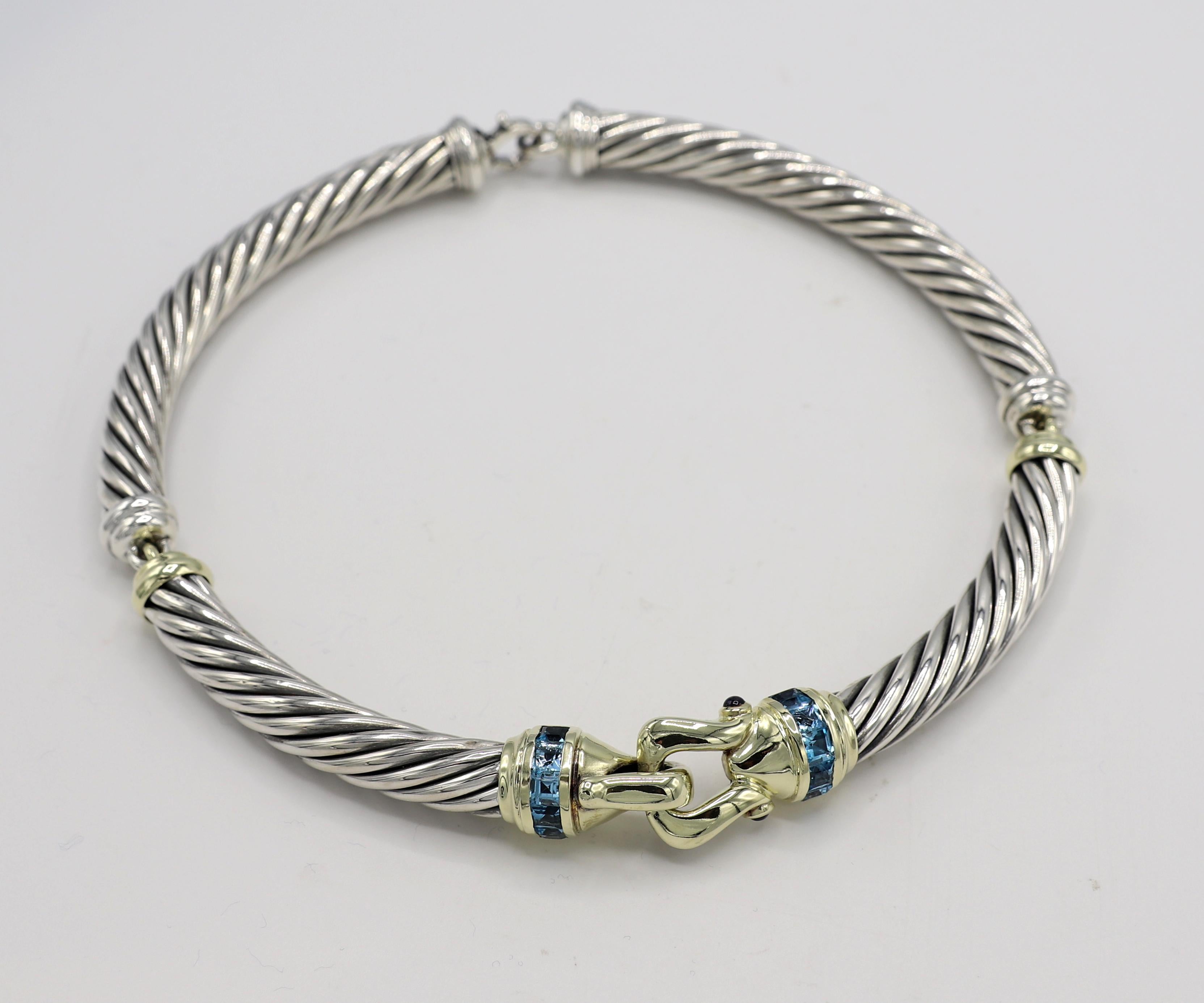 David Yurman Sterling Silver & Gold Cable Blue Topaz & Iolite Buckle Choker Necklace 
Metal: Sterling silver & 14k yellow gold
Weight: 71.3 grams
Width: 9.5mm
Length: 16 inches

