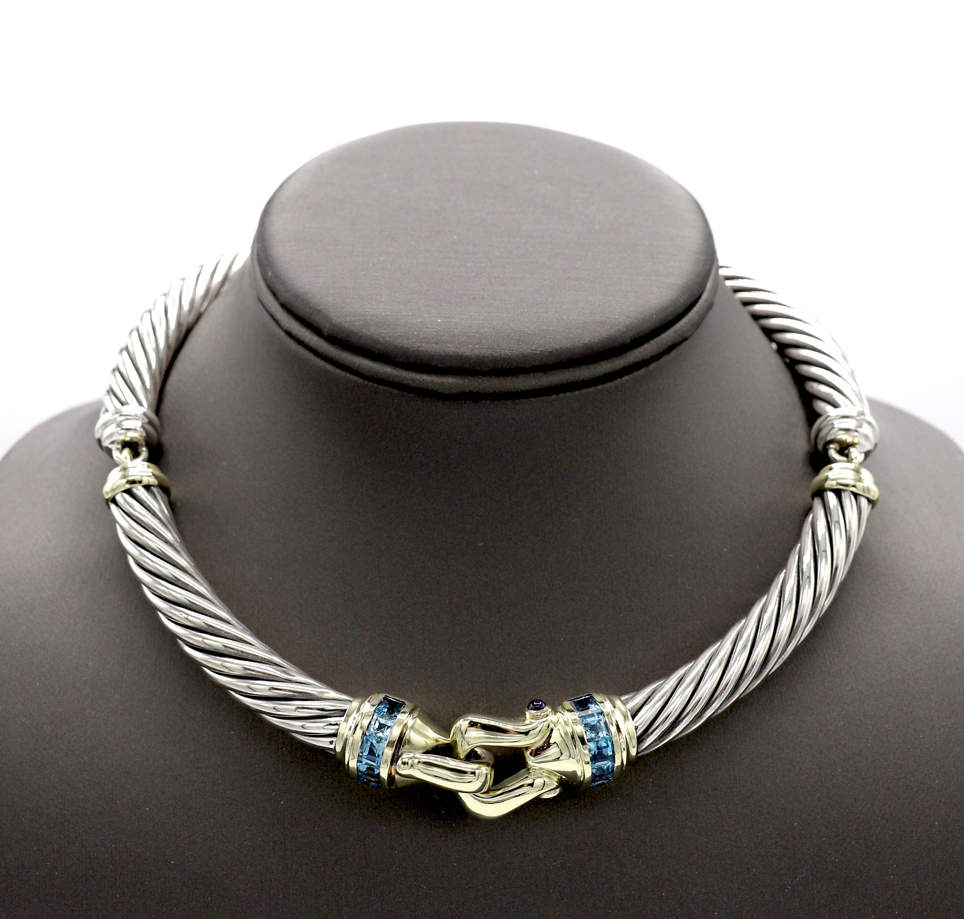 David Yurman Sterling Silver & Gold Cable Topaz & Iolite Buckle Choker Necklace In Excellent Condition In  Baltimore, MD