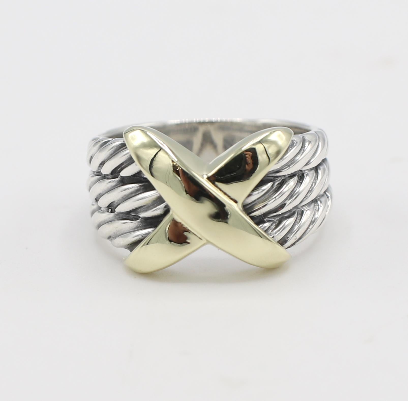 David Yurman Sterling Silver & Gold Cable X Band Ring 
Metal: Sterling silver & 14k yellow gold
Weight: 6.27 grams
Size:  6.5
Width: 5.5 - 12mm
