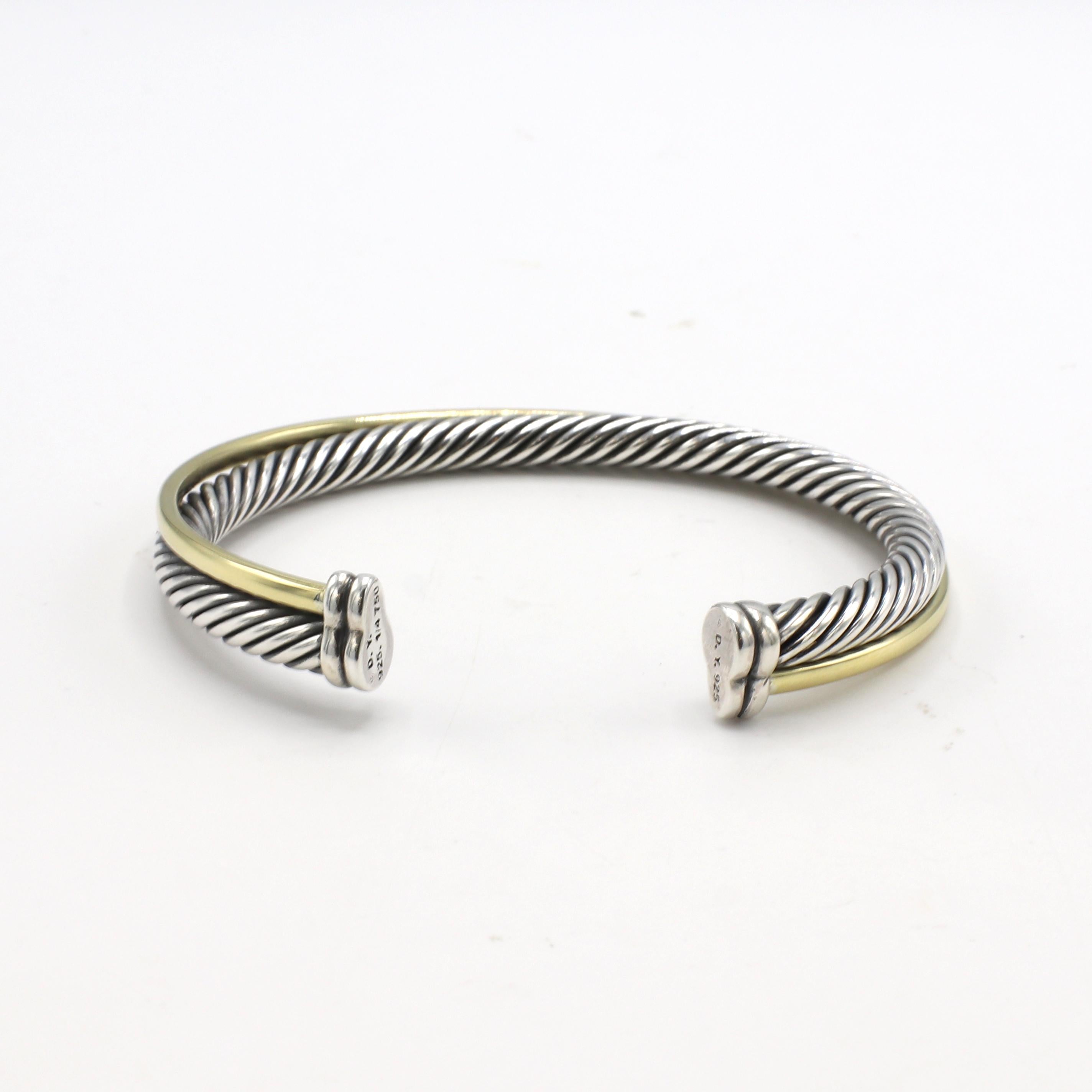Modern David Yurman Sterling Silver & Gold Crossover Cable Cuff Bangle Bracelet